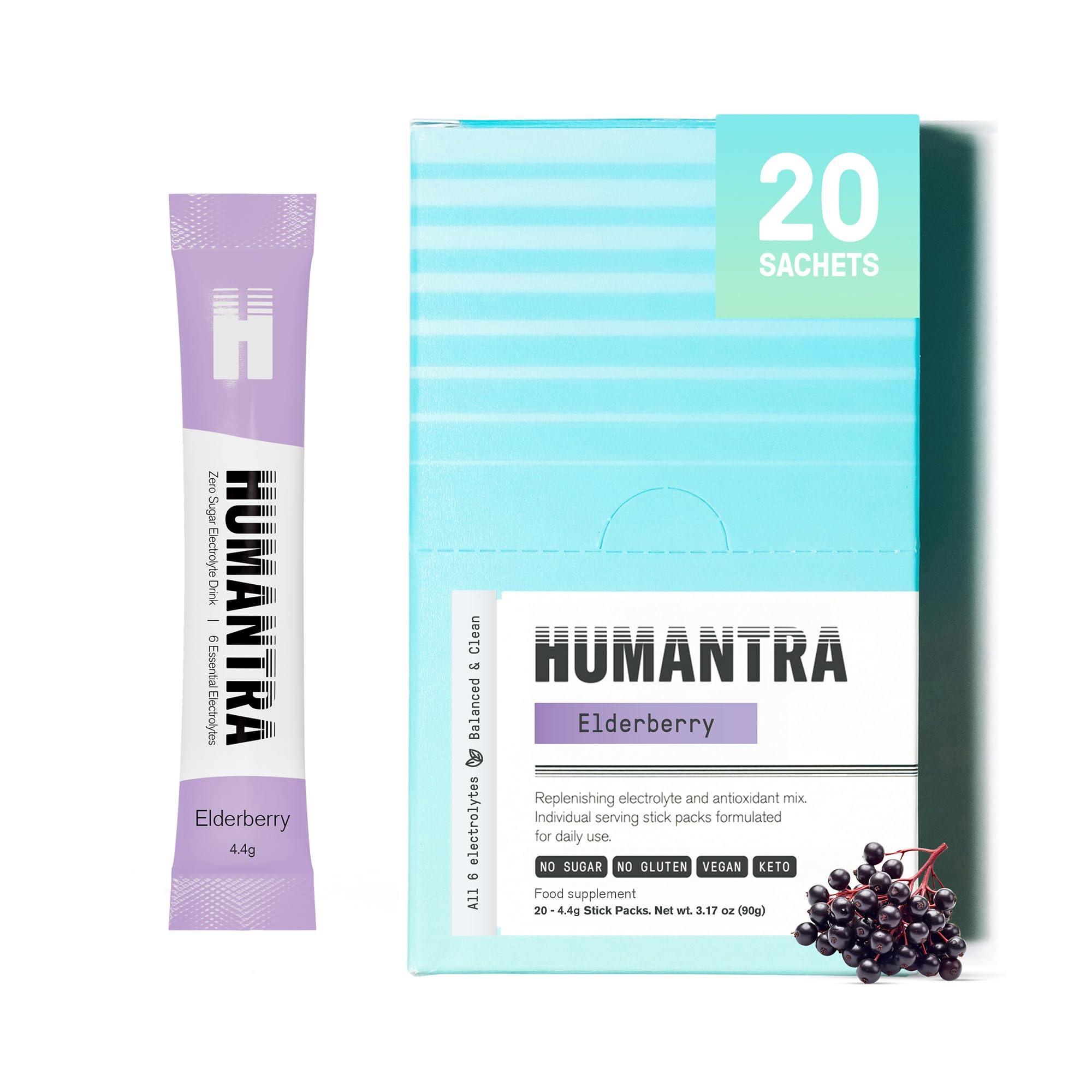 Electrolytes Powder - Elderberry Flavor, 20ct - Powdered Hydration Sachets - Plant-Based Electrolyte Powder with 6 Electrolytes - Vegan, Sugar Free, Gluten Free