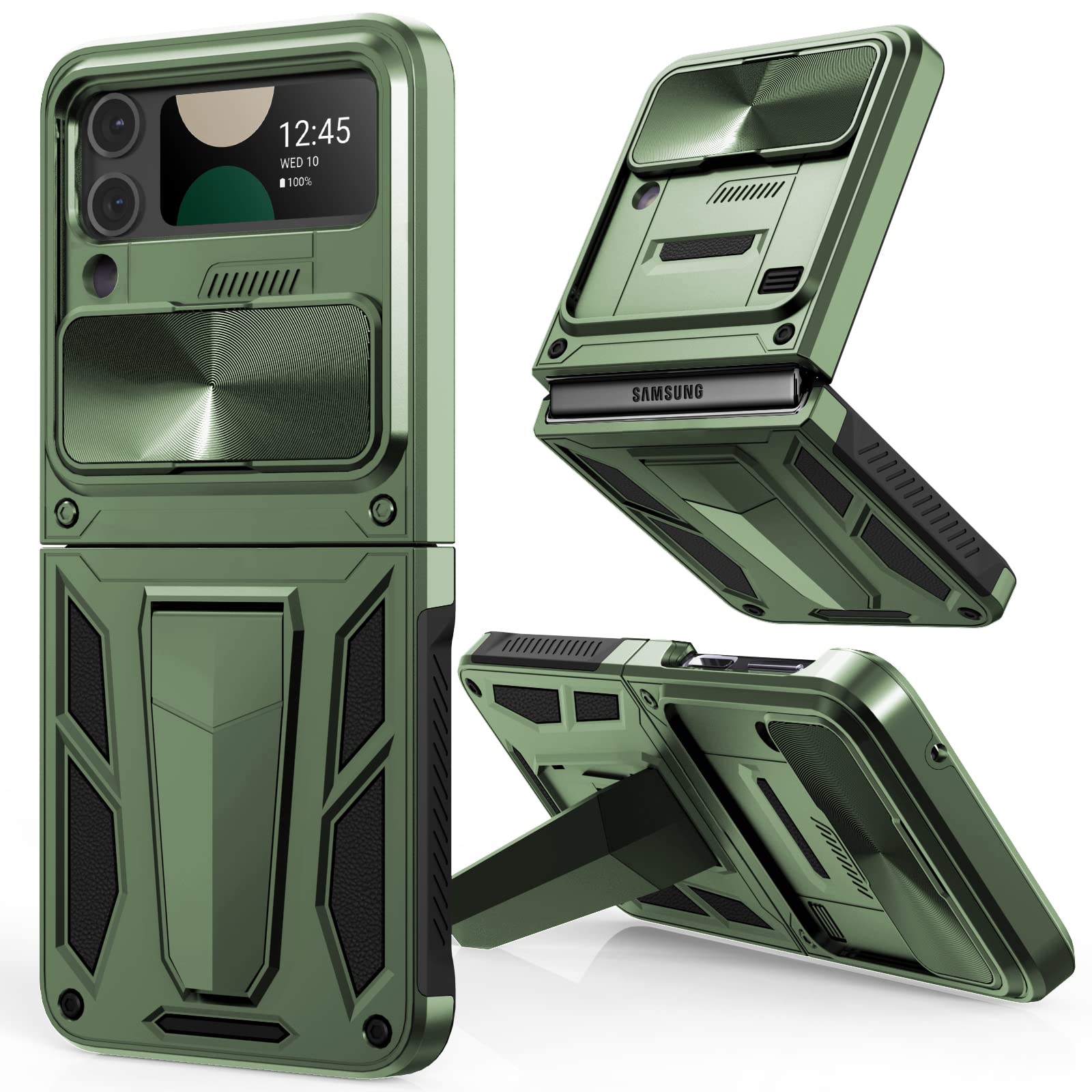 CASESTAR Case for Samsung Galaxy Z Flip 4 / Z Flip 3 with Hidden Kickstand and Slide Camera Cover, Military Grade Heavy Duty Protective Armor Case - (Green)