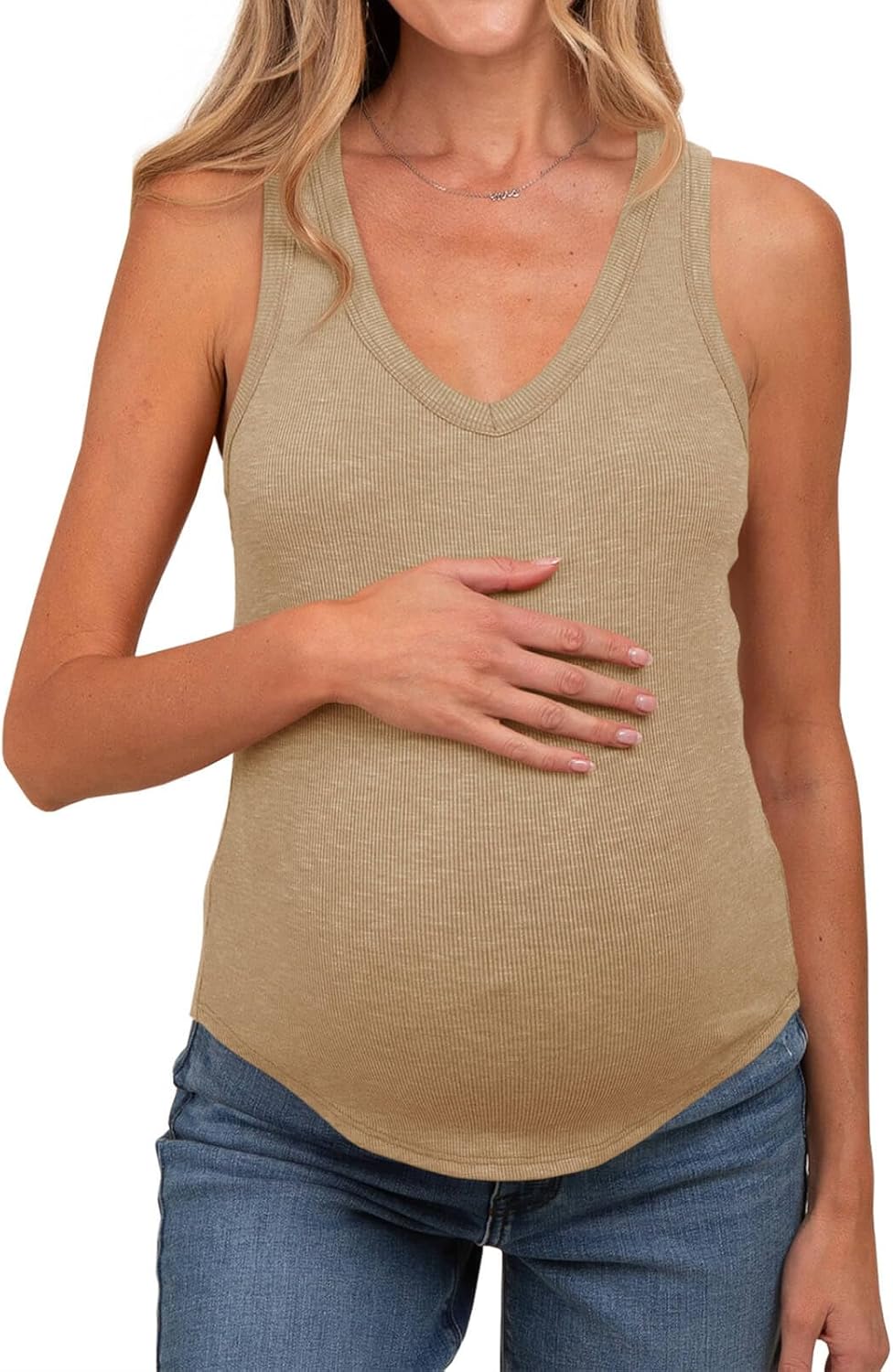 Tankaneo Womens Maternity Tank Tops Sleeveless V Neck Ribbed Knit Shirts Fitted Summer Casual Curved Hem Pregnancy Clothes