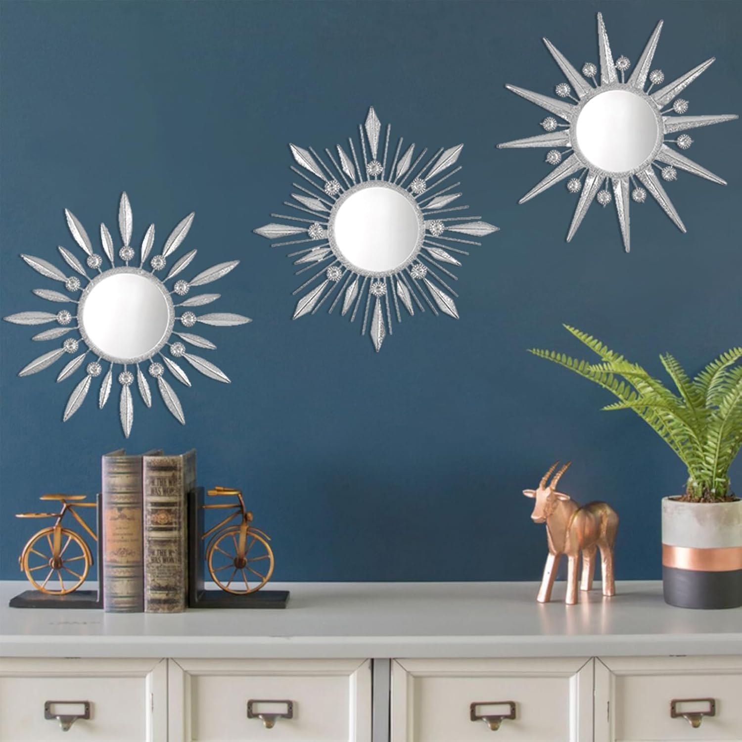 Silver Mirrors Wall Decor, Metal Sunburst Mirror Wall Art Christmas Decorative Mirrors, 9 inch Home Christmas Decoration Rhinestone Small Mirror for Living Room Entryway Set of 3 - Image 3