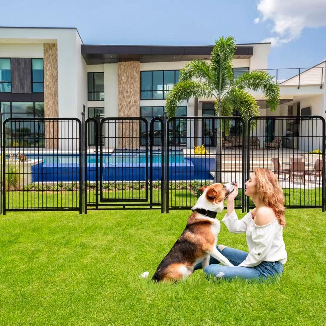 36 inch High, 8 Panels Total 17.7 Ft(L) Tall Garden Fence for Dogs, Wide Door Low Threshold Temporary Fence, Fencing for Garden Beds, Dog Fence Outdoor for Yard