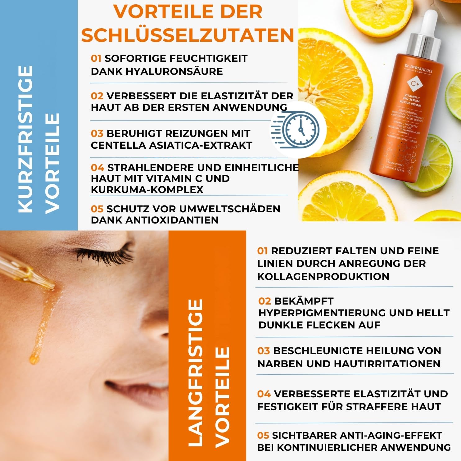 Dr. Dermaluci Lab - Vitamin C Gesichtsserum BIO - Anti-Falten, Anti-Flecken, Aufhellend - Hyaluronsäure & Ferulasäure - Kurkuma & Centella - Dermatologisch Getestet, Made in Italy, 100ml