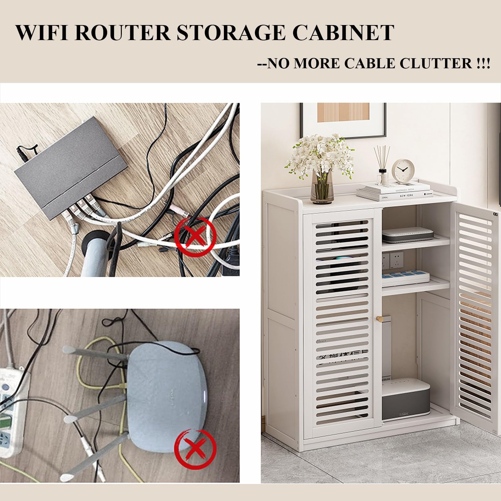Armadio di archiviazione router WiFi, scatola nascosta e presa elettrica per la gestione dei cavi, armadio indipendente per casa/ufficio, nero, 59 x 25 x 67 cm