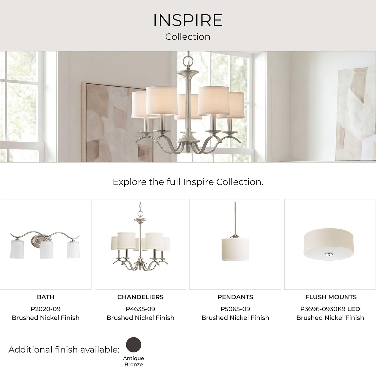 Progress Lighting P3713-09 Inspire Two-Light Flush Mount, Brushed Nickel