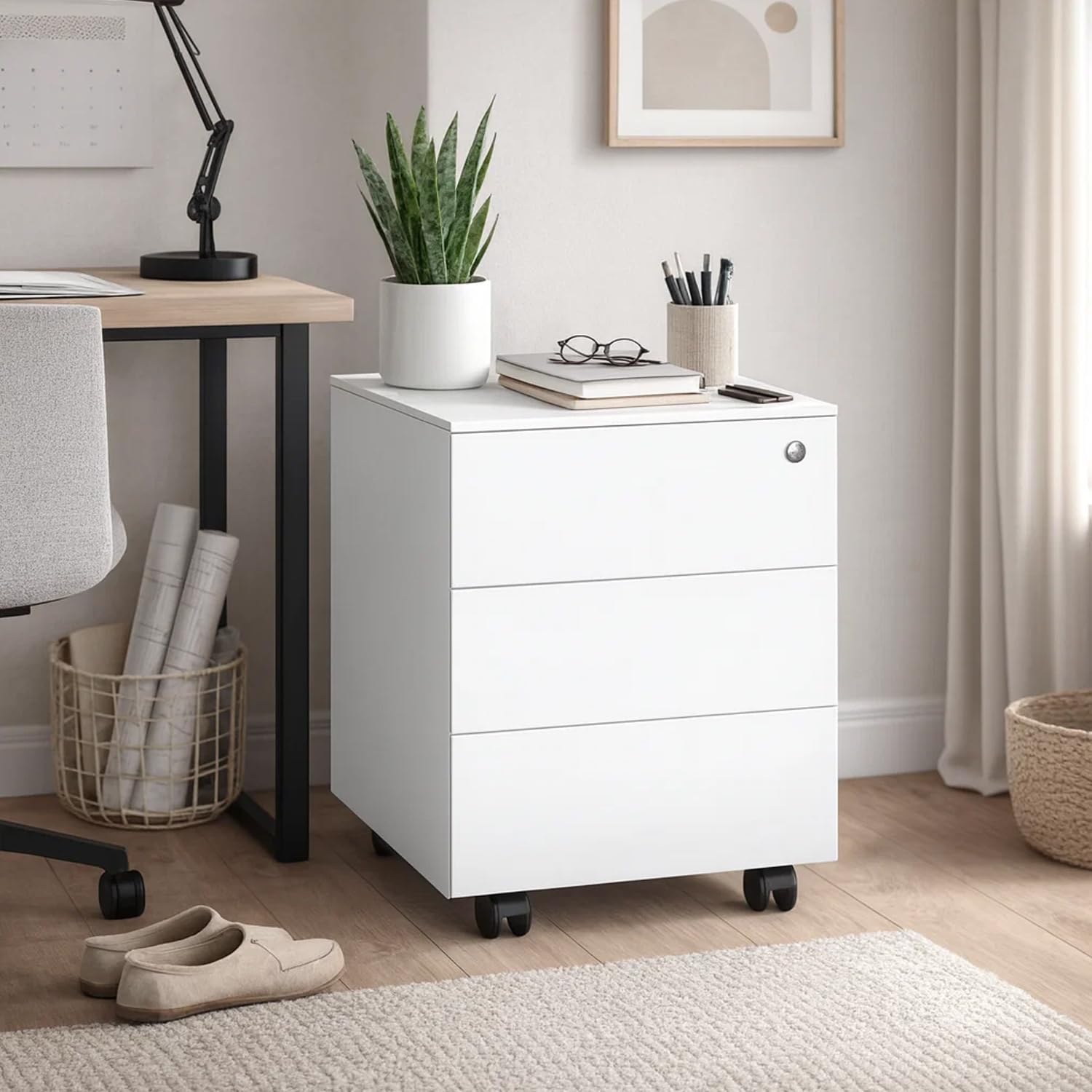 Spacio Cajonera metálica Oficina 2 o 3 cajones Buck movil Archivador Profesional Alta Gama con Ruedas y Cerradura 40 x 54 x 55 cm (Blanco, 3 Cajones)