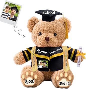 Graduation Teddy Bear with Text+Photo, Personalized Bear Stuffed Animal as 2026 Graduation Gift for Him/Her as High School Kindergarten College Grad Gift 2026 12 in-Text+Photo