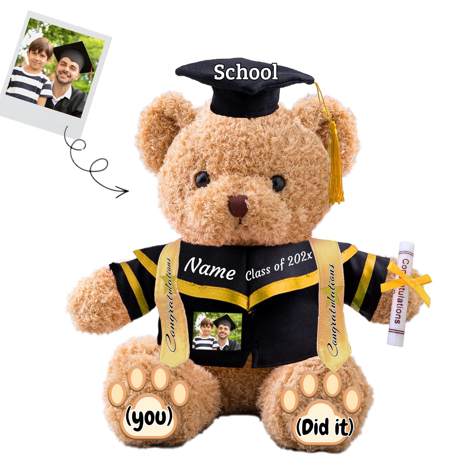 JABECODIFA Graduation Teddy Bear with Text+Photo, Personalised Bear Stuffed Animal as 2025 Graduation Gifts for Him/Her as High School Kindergarten College Graduation Gift 2025 (16 IN-Text+Photo)
