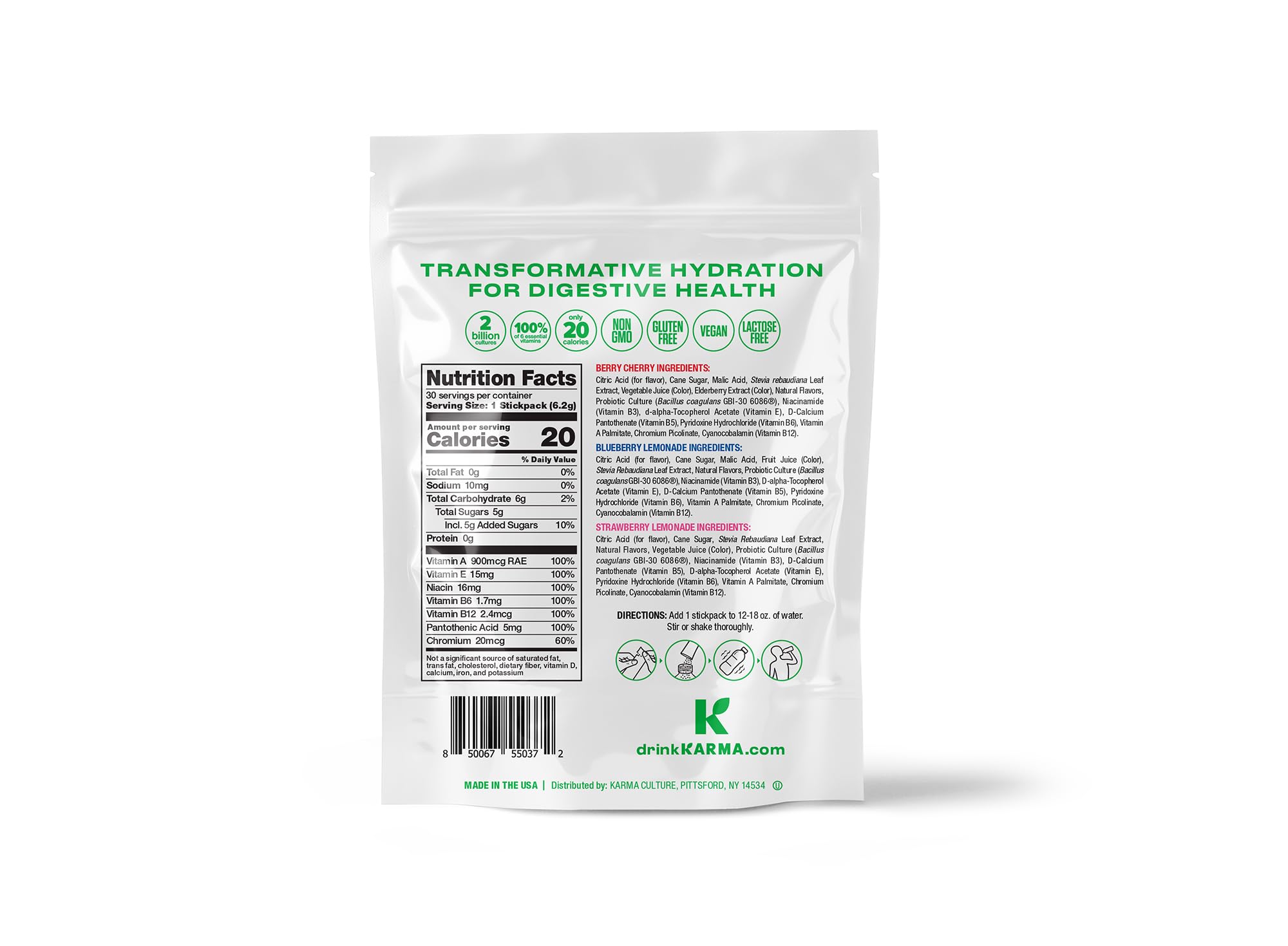 Karma Probiotic Hydration Packet - Variety Pack (Berry Cherry, Blueberry Lemonade, Strawberry Lemonade) Powder Drink Mix Sticks - On-The-Go Immune & Gut Health Support - 30 Count