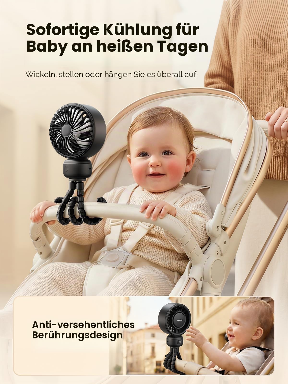 Warmco Tragbarer Kinderwagen-Ventilator, 4000 mAh, wiederaufladbarer Clip-On-Stativventilator (bis zu 15 H), 4 Geschwindigkeiten, LED-Display, abnehmbare Frontabdeckung, leiser Betrieb, für Autositz