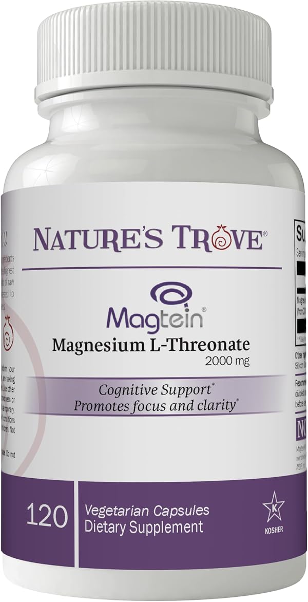 Magtein Magnesium L-Threonate Supplement – 2000 Mg L-Threonate Magnesium Supplement for Sleep, Calm, Memory, & Brain Fog – Non-GMO Magtein – 120 Vegetarian Capsules by Nature's Trove