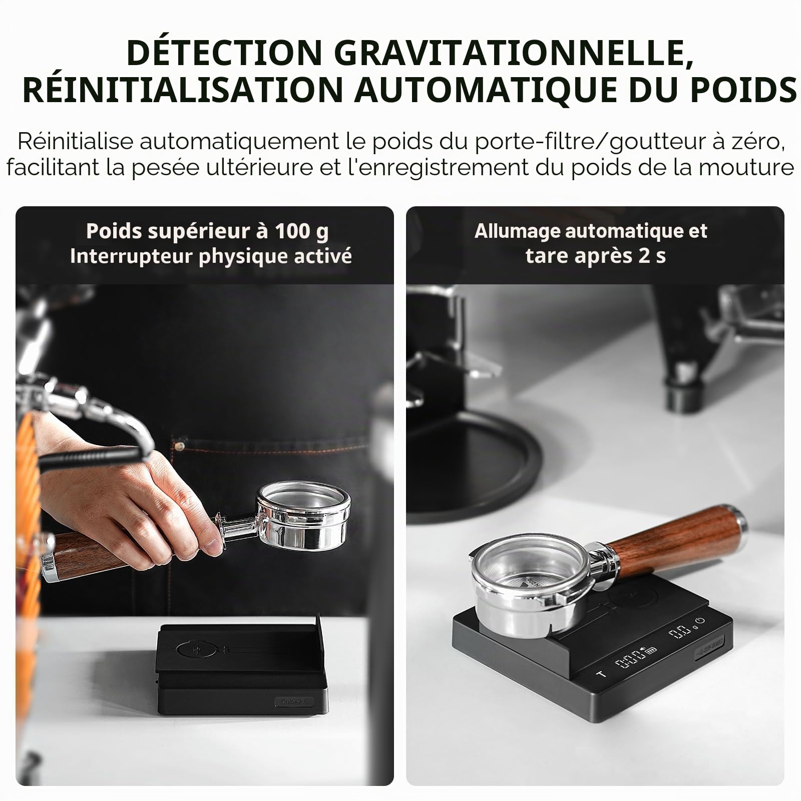 MHW-3BOMBER Mini balance à café avec minuteur, balance à expresso rechargeable avec capteur de gravité, 2 kg/0,1 g, balance de précision pour expresso et café pour, balance de cuisine numérique, noir