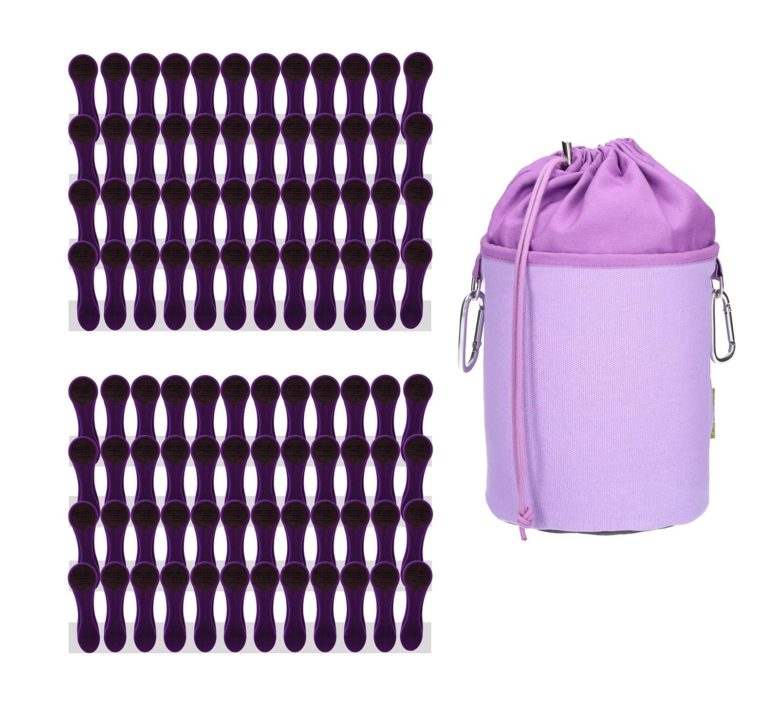 bellaCott 96 Clothes Pegs with Spiral Springs Soft Grip Purple Anthracite and 1 x Canvas Clothes Peg Bag Lilac Grey
