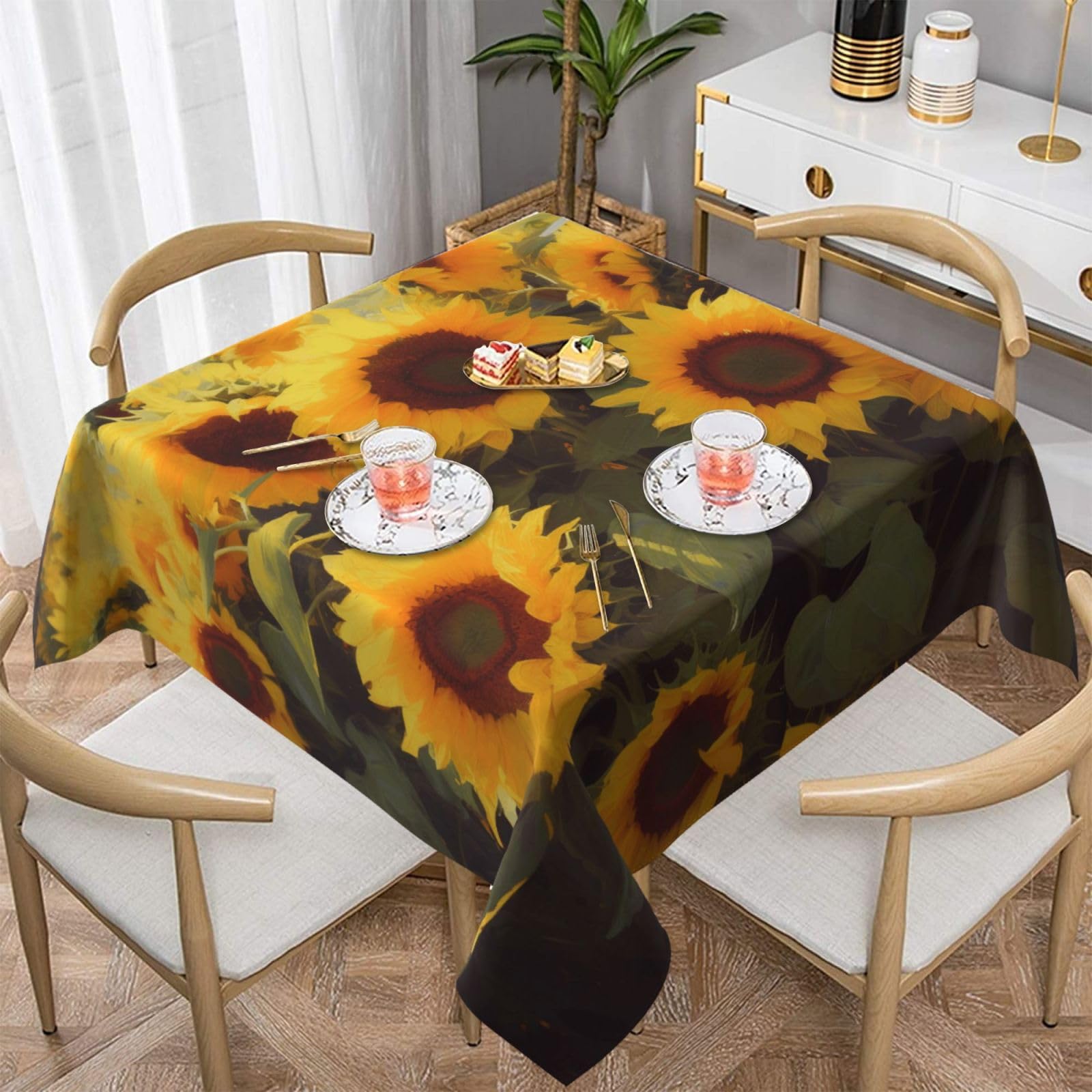 WPKJU Sunflowers Art Printed Square Tablecloth 54x54 inch Water Resistant Table Cover Washable Rectangle Table Cloth for Dining Tables
