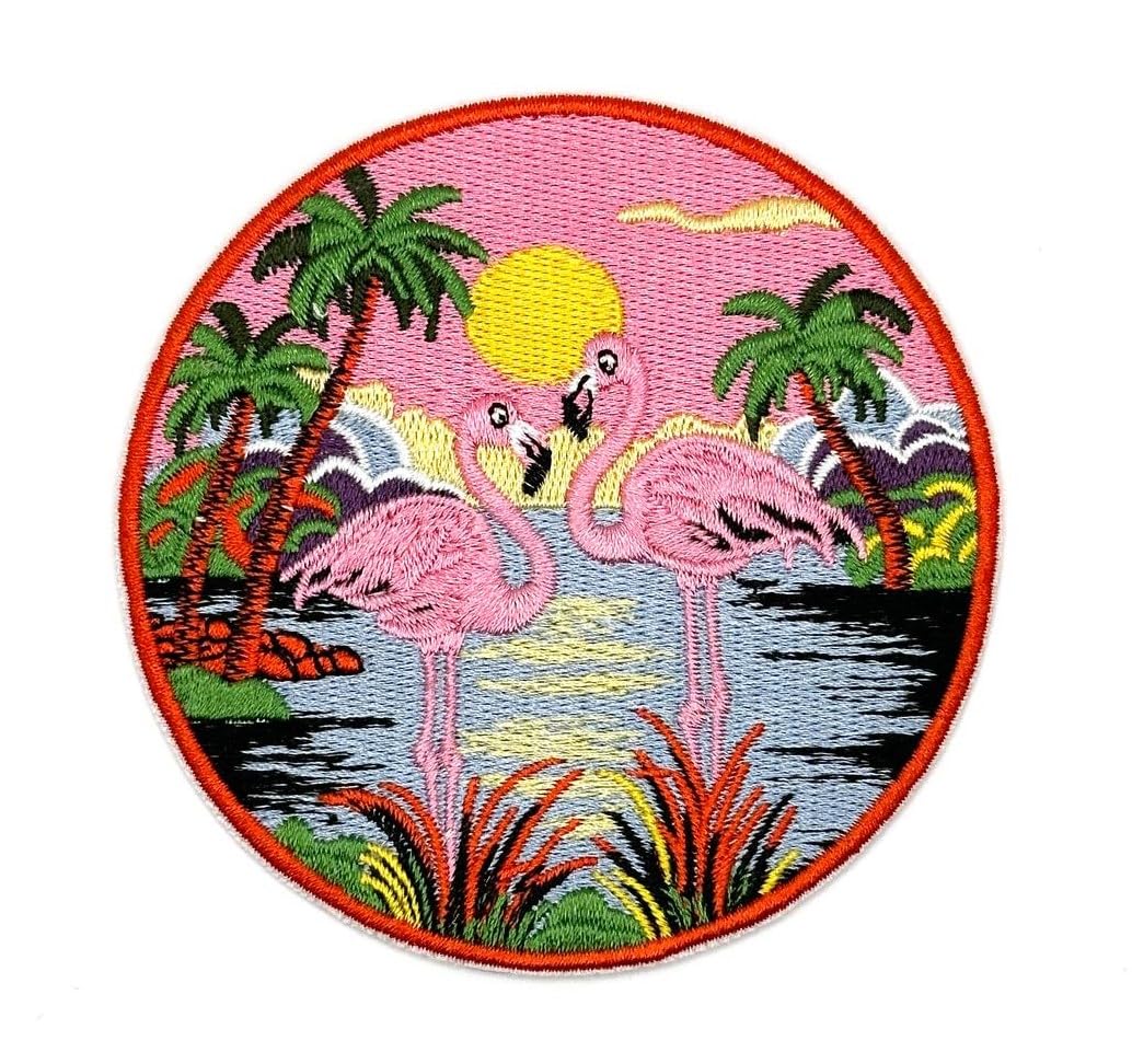 3.5" Flamingo Patch - Embroidered Flamingo Palm Tree Aesthetic Tropical Birds Applique Appliques Iron On Sew On Patches for Holes, Clothing, Jeans, Hat, Backpacks, Clothes - Flamingo Iron On Patch