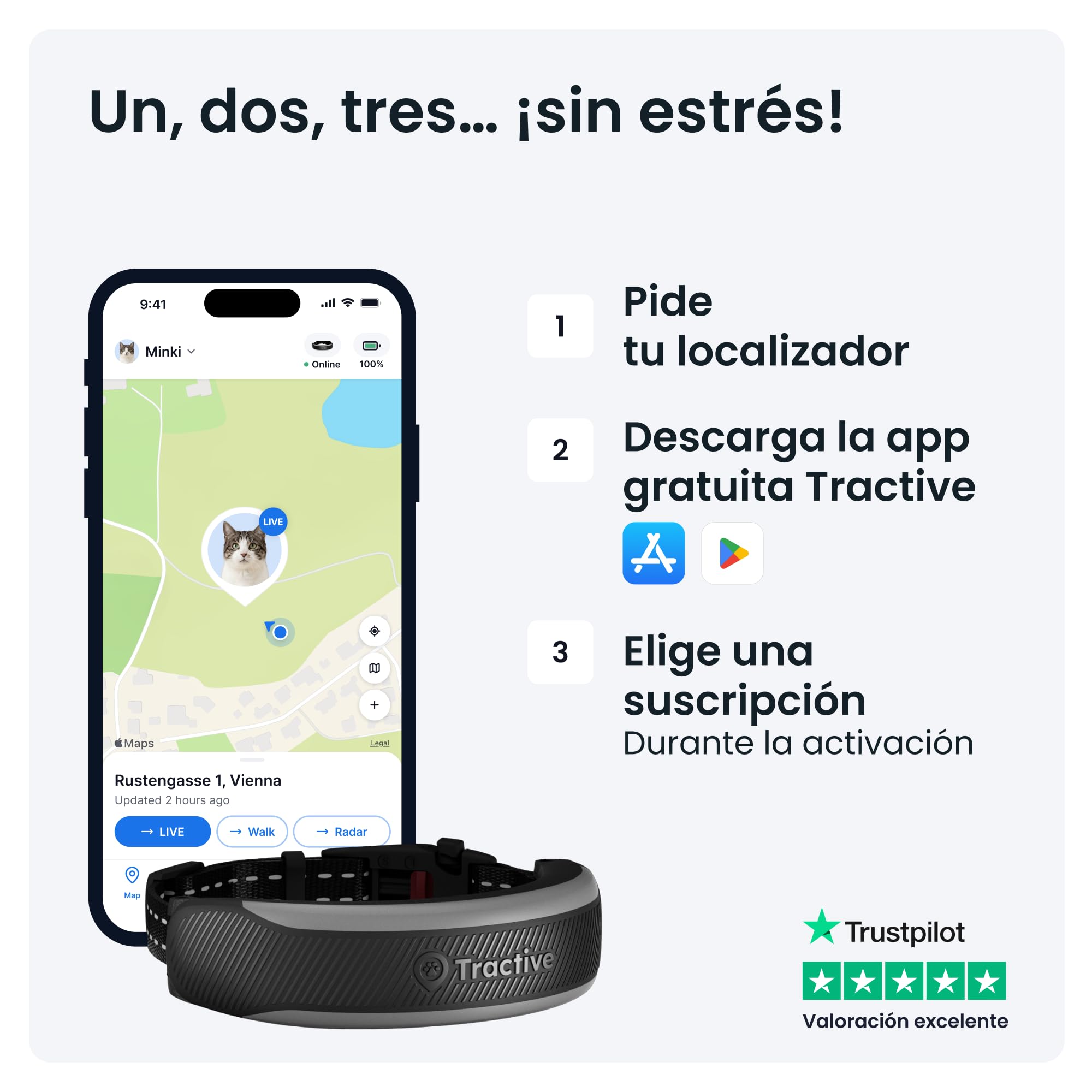 Tractive - GPS para Gatos Inteligente Mini | Edición 2026 | GPS para Gatos n.º 1 | Seguimiento en Vivo | Avisos de Salud y Monitor de Constantes | Collar de Seguridad | Collar Integrado (Negro)