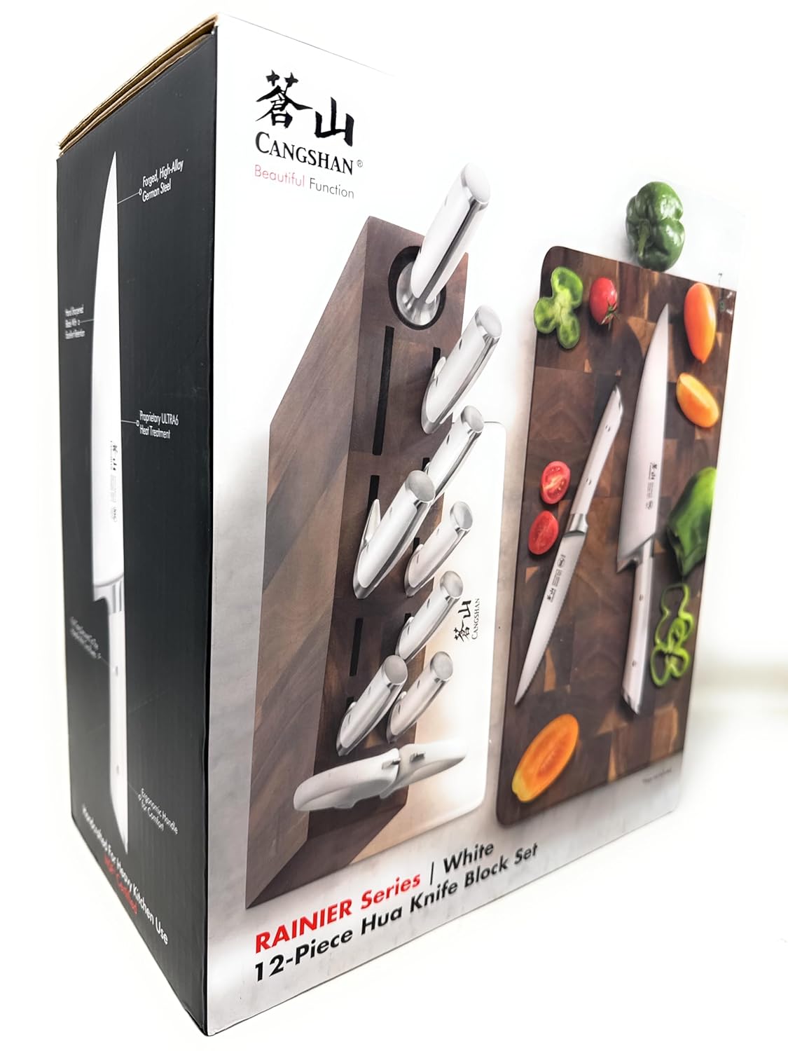 Cangshan Rainier Series 12-Piece Hua Knife Block Set Forged German Steel Solid Acacia Wood Block White