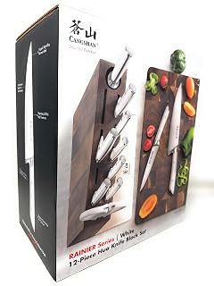 Cangshan Rainier Series 12-Piece Hua Knife Block Set Forged German Steel Solid Acacia Wood Block White