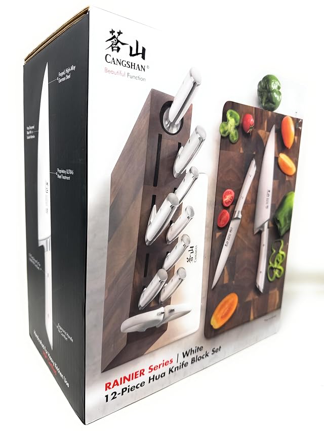 Cangshan Rainier Series 12-Piece Hua Knife Block Set Forged German Steel Solid Acacia Wood Block White