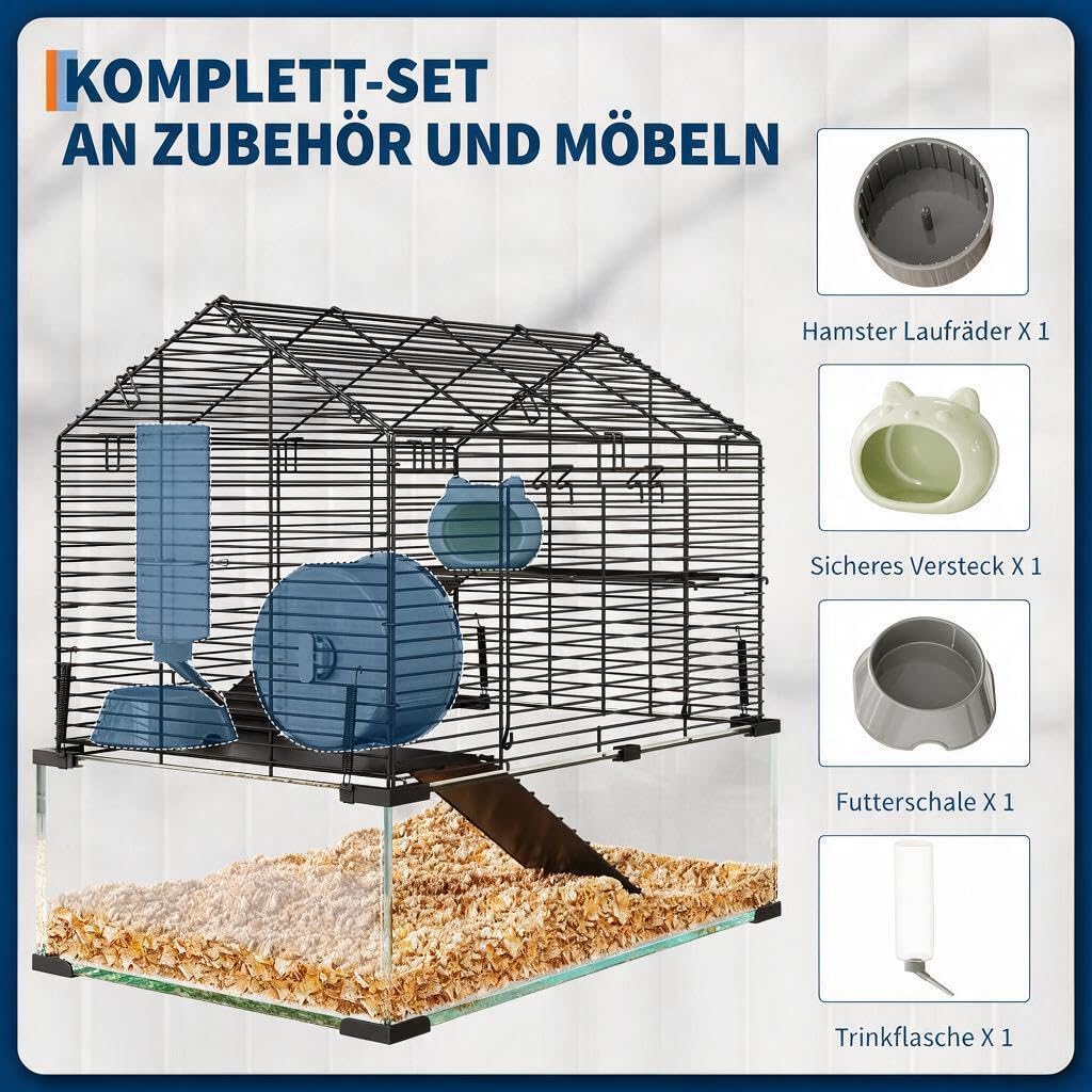 Garvee Hamsterkäfig Glas & Metall, Kleintierkäfig 58 x 38 x 54 cm, 6 mm Glasbecken, Komplettset mit Laufrad, Trinkflasche, Keramikversteck, Plattformen & Leitern, für Zwerghamster, Mäuse, Rennmäuse