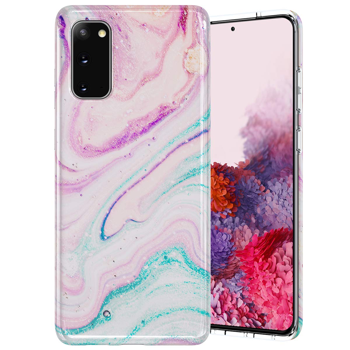 Caka Case for Galaxy S20 5G Marble Case Luxury Flexible Slim Protective Shockproof Girly Girls Women Marble Case for Galaxy S20 2020 (Green Pink)