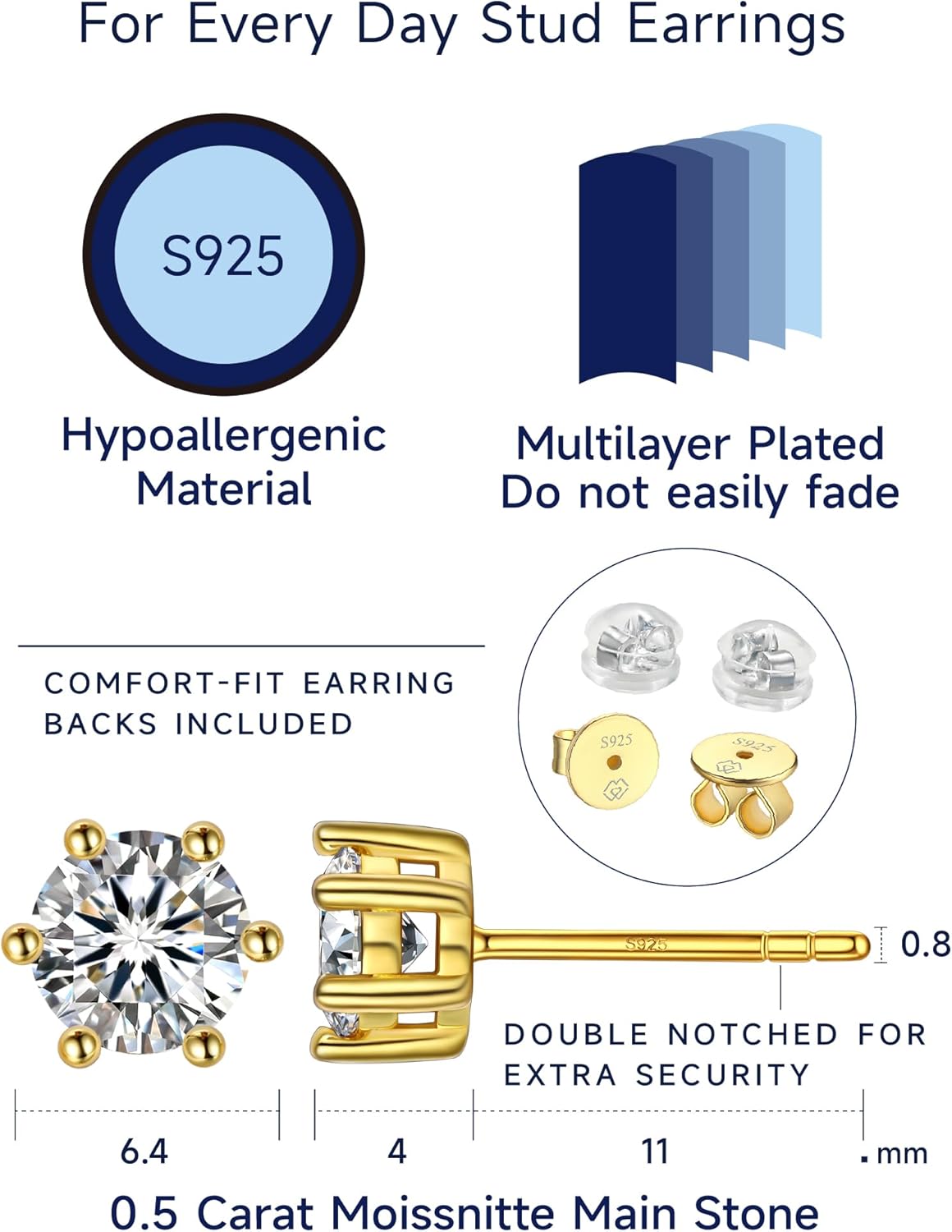 MomentWish 14K Gold Plated Stud Earrings, Birthday Gifts for Women, 1-2 Carat Moissanite Earrings, Lab Created Diamond Earring, Yellow/Rose Gold Plated 925 Sterling Silver Earring Jewelry Women Men - Image 6