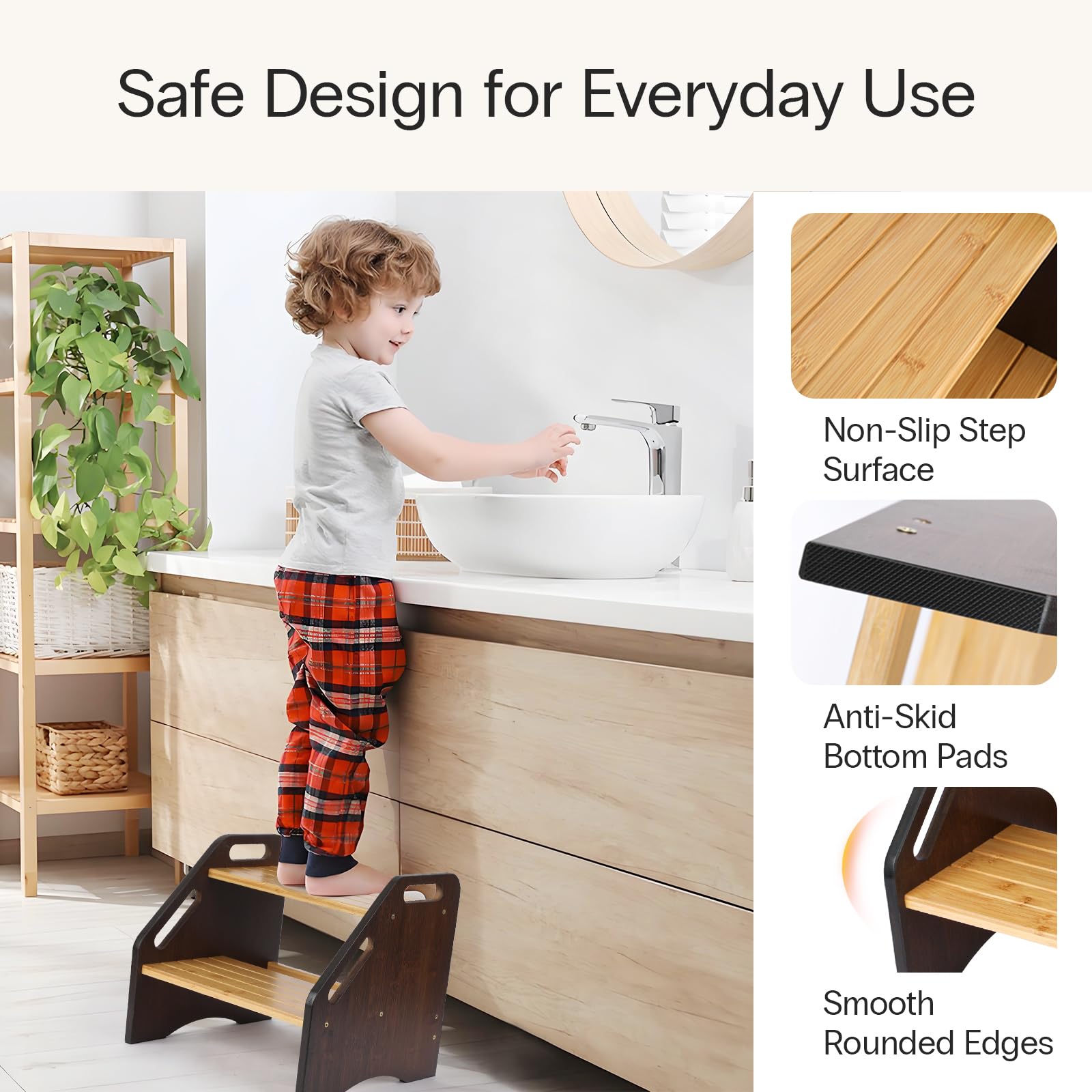 StrongTek Taburete 2 Escalones de Bambú Compacto Baño | Escalera versátil de bambú ahorra espacio con peldaños antideslizantes, perfecta para niños y adultos en el hogar