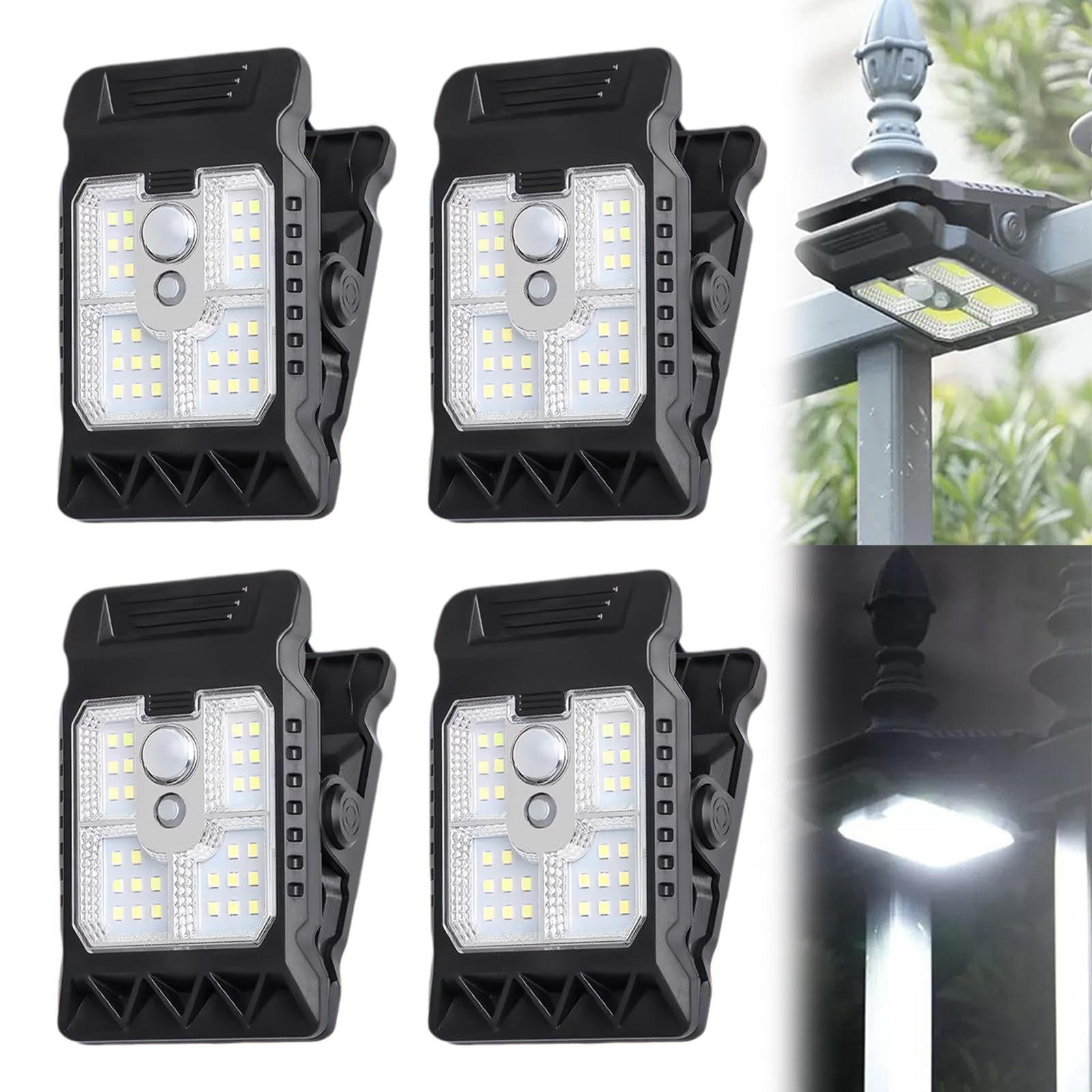 Solar Clip On Lights Outdoor, USB & Solar Powered Motion Sensor Clip Lights, Waterproof Portable Solar Clip Light with Motion Sensor, for Garage, Garden, Home, Fence (4PCS)