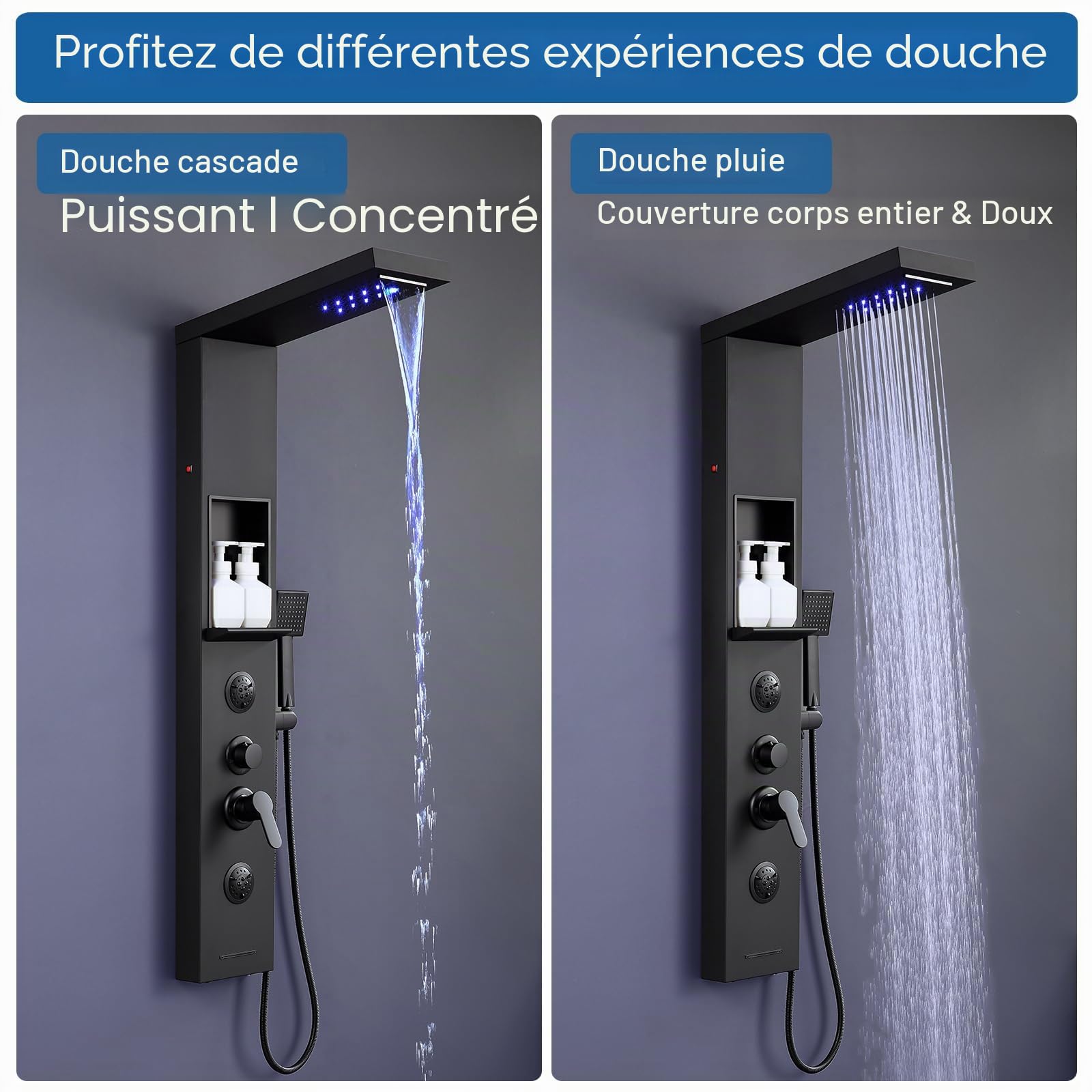 Panneau de douche LED avec robinet et étagère, noir, colonne de douche 6 fonctions, douche pluie et cascade, buse de massage 2 modes, douchette à main et bec de baignoire cascade, acier