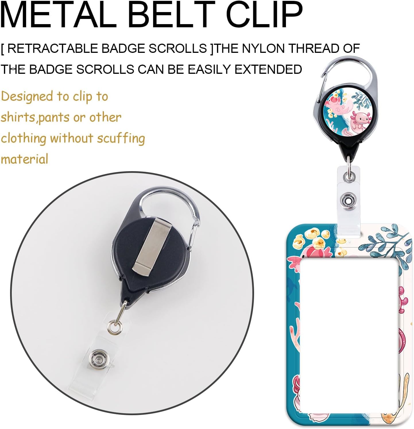 Cute Axolotl Badge Holder with Neck Lanyard, Name Tag Badge Holder, Retractable Reel Clip, Silky Neck Lanyard, Kawaii Animal Lanyards with Keychain for Kids, Girls, Women - Image 5
