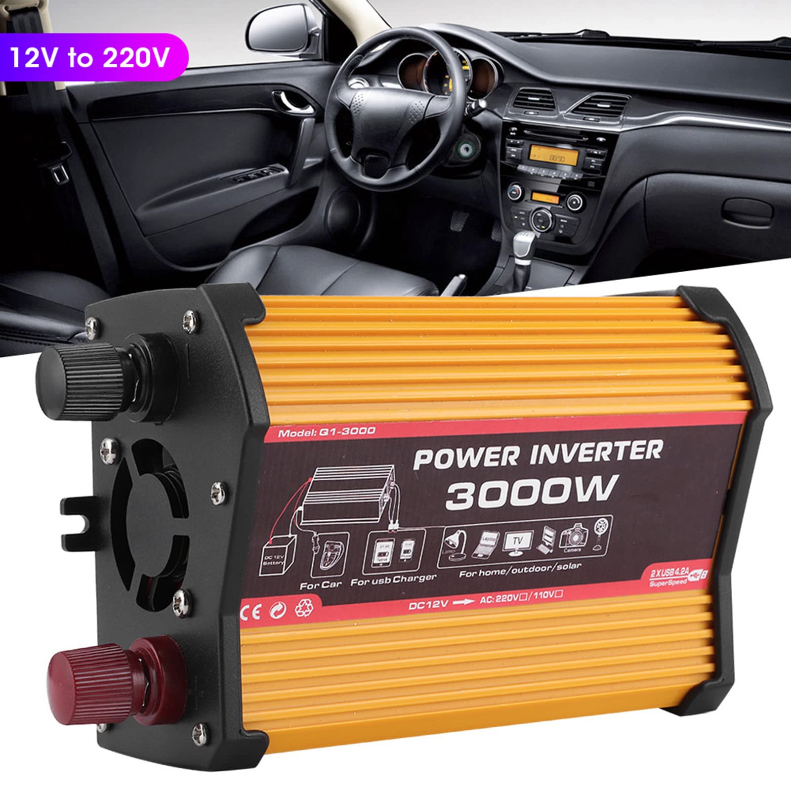 Inversor de Coche Qiilu, inversor de Coche USB Dual Convertidor de Potencia automático Adaptador de Onda sinusoidal modificada de 300 W (12 V a 220 V)