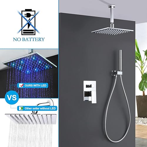 Miniatura 5 de Juego de grifo de ducha LED montado en el techo, cabezal de ducha de lluvia de 10 pulgadas con rociador de mano 2 en 1, sistema de ducha LED,