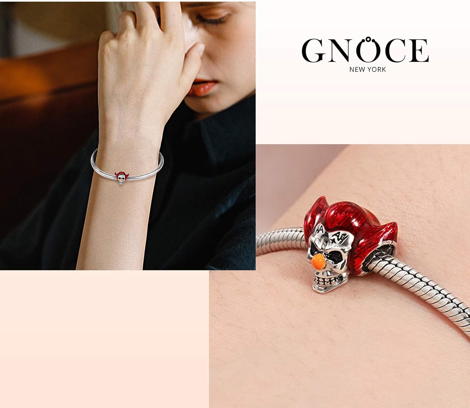 GNOCE Clown Skull Charm Bead Sterling Silver Red Hair Clown Charm Bead Fit Bracelet/Necklace for Women