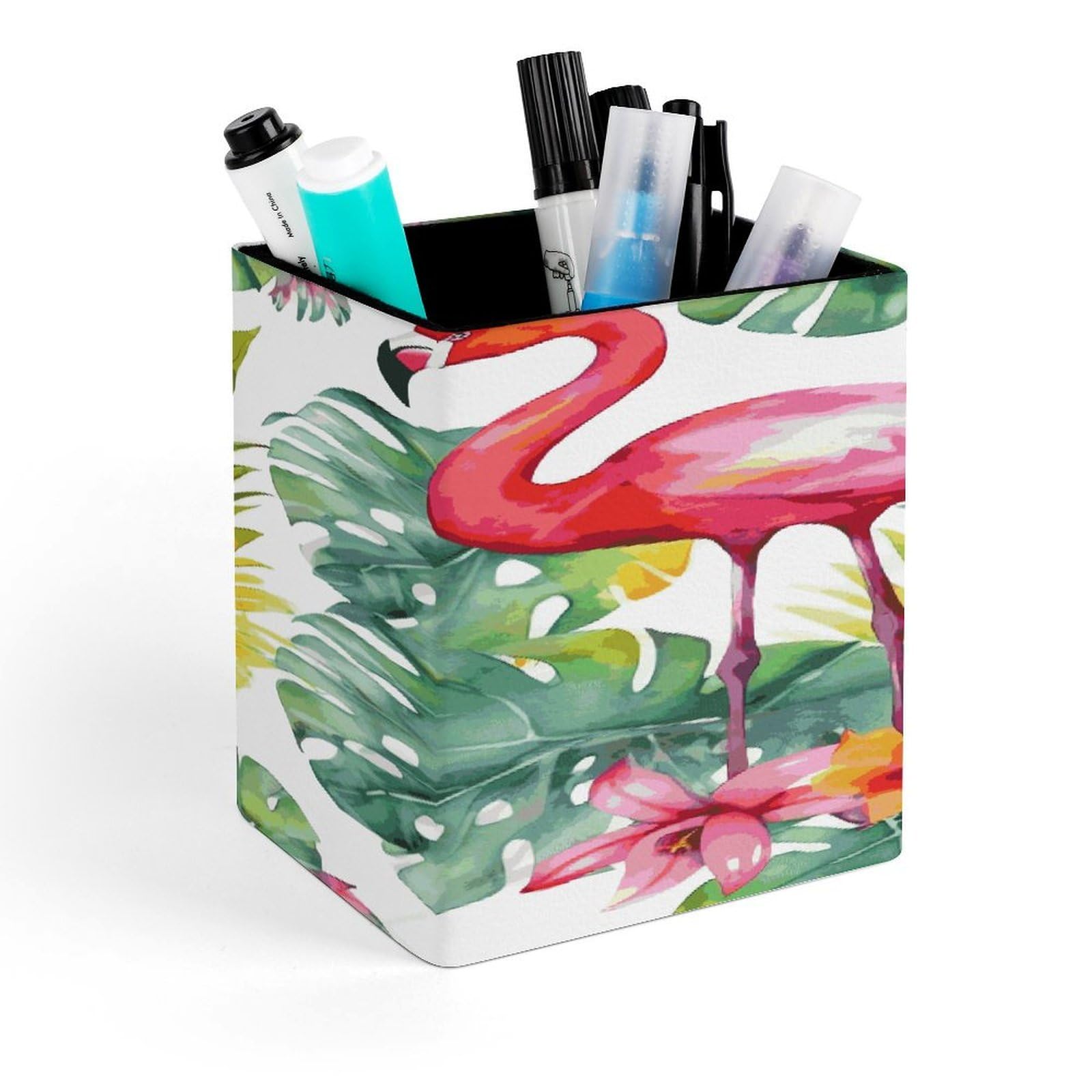 MUSM Tropical Watercolor Pineapple Flamingo Pen Holder Square PU Leather Desktop Organizer And Makeup Brush Holder Storage Box Modern Design Stationery Organizer for Office Desk Accessory