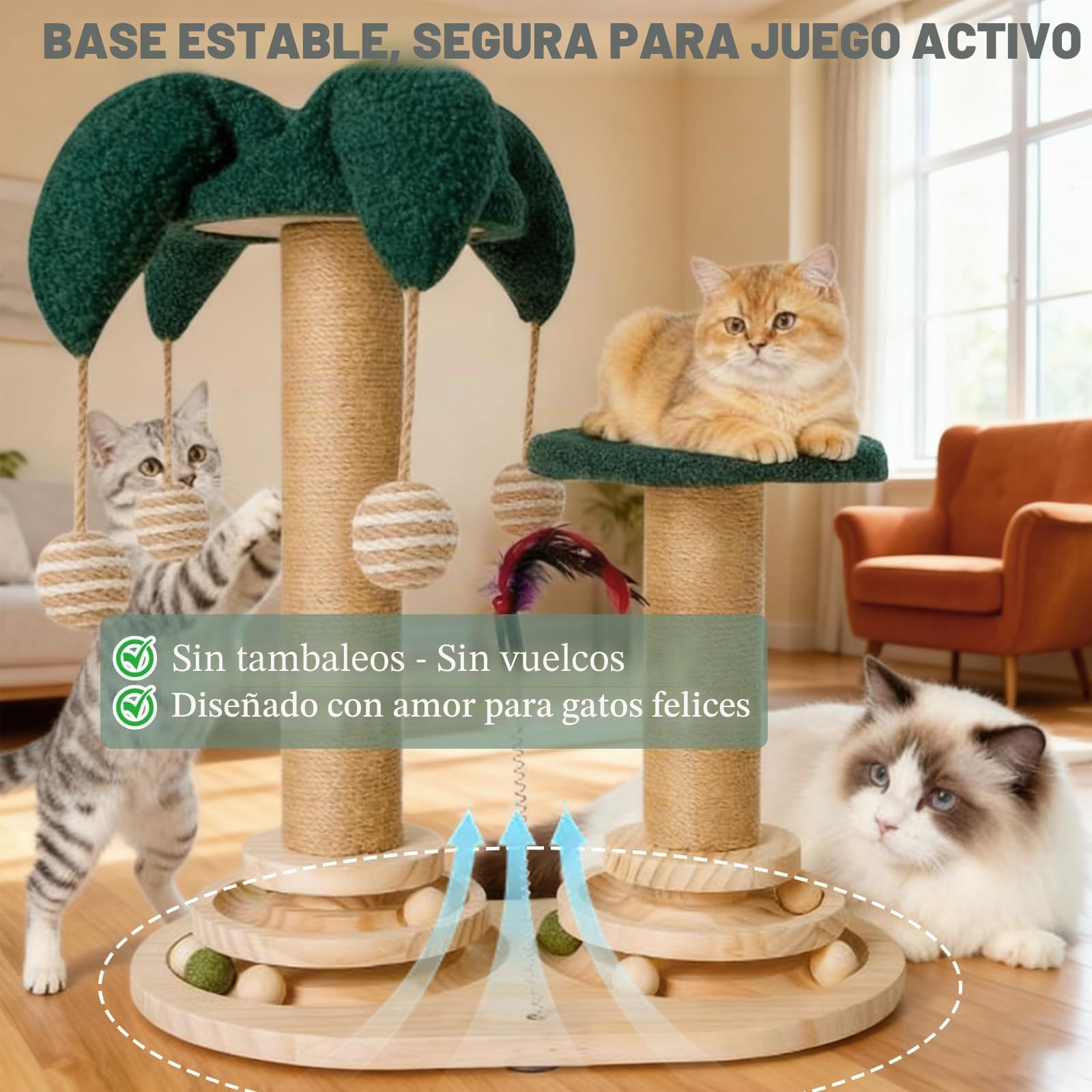 Juguete 6-en-1 para gatos de autoentrenamiento de madera, rascador para gatos, juguete con hierba gatera, muebles para gatos con pista de bolas giratoria, plumas, bolas, cuerdas de yute y cuerda de