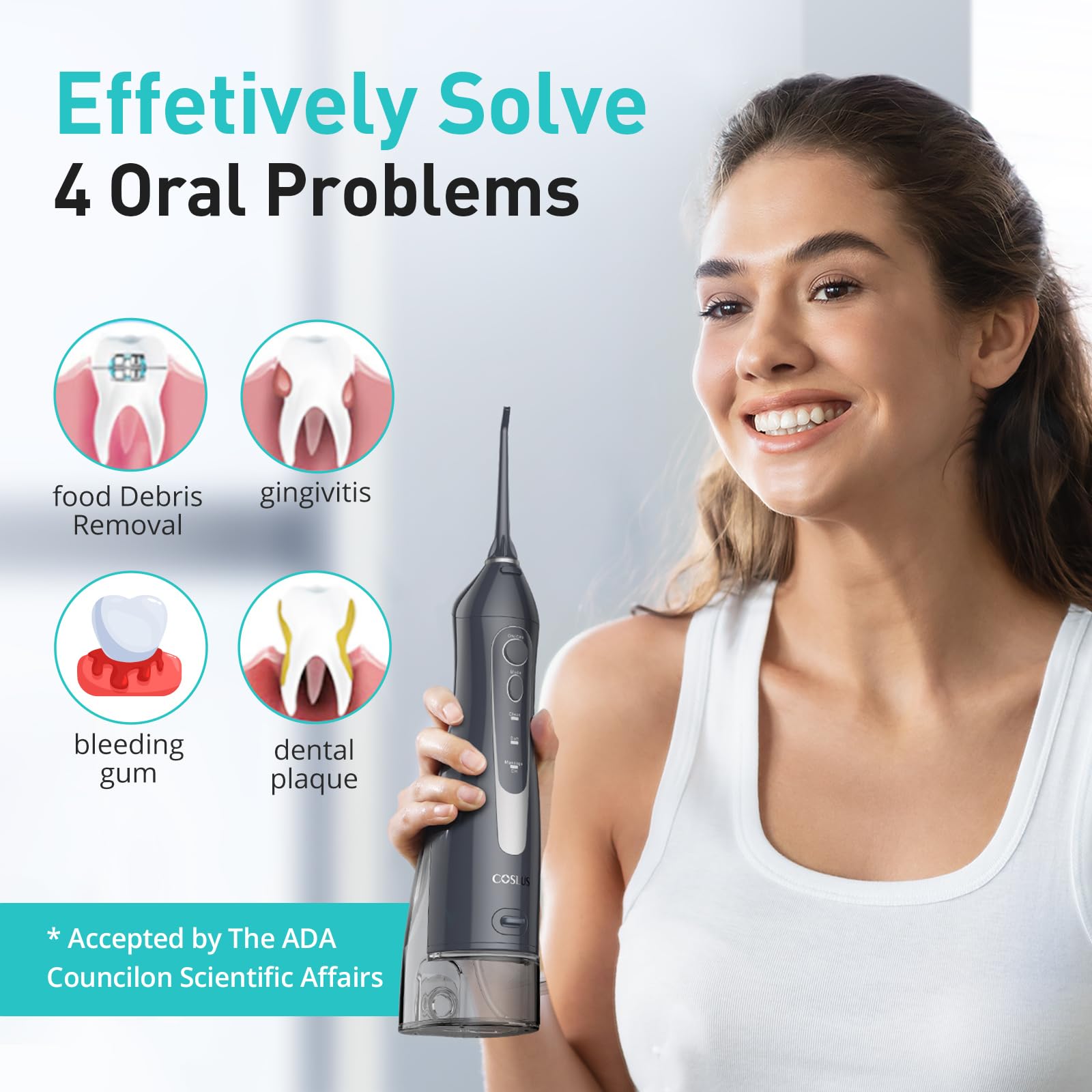 COSLUS Púa dental de agua: irrigador bucal portátil inalámbrico de 300 ml, limpiador de riego de viaje recargable, IPX7, impermeable, para limpieza de dientes, F5020E, color gris