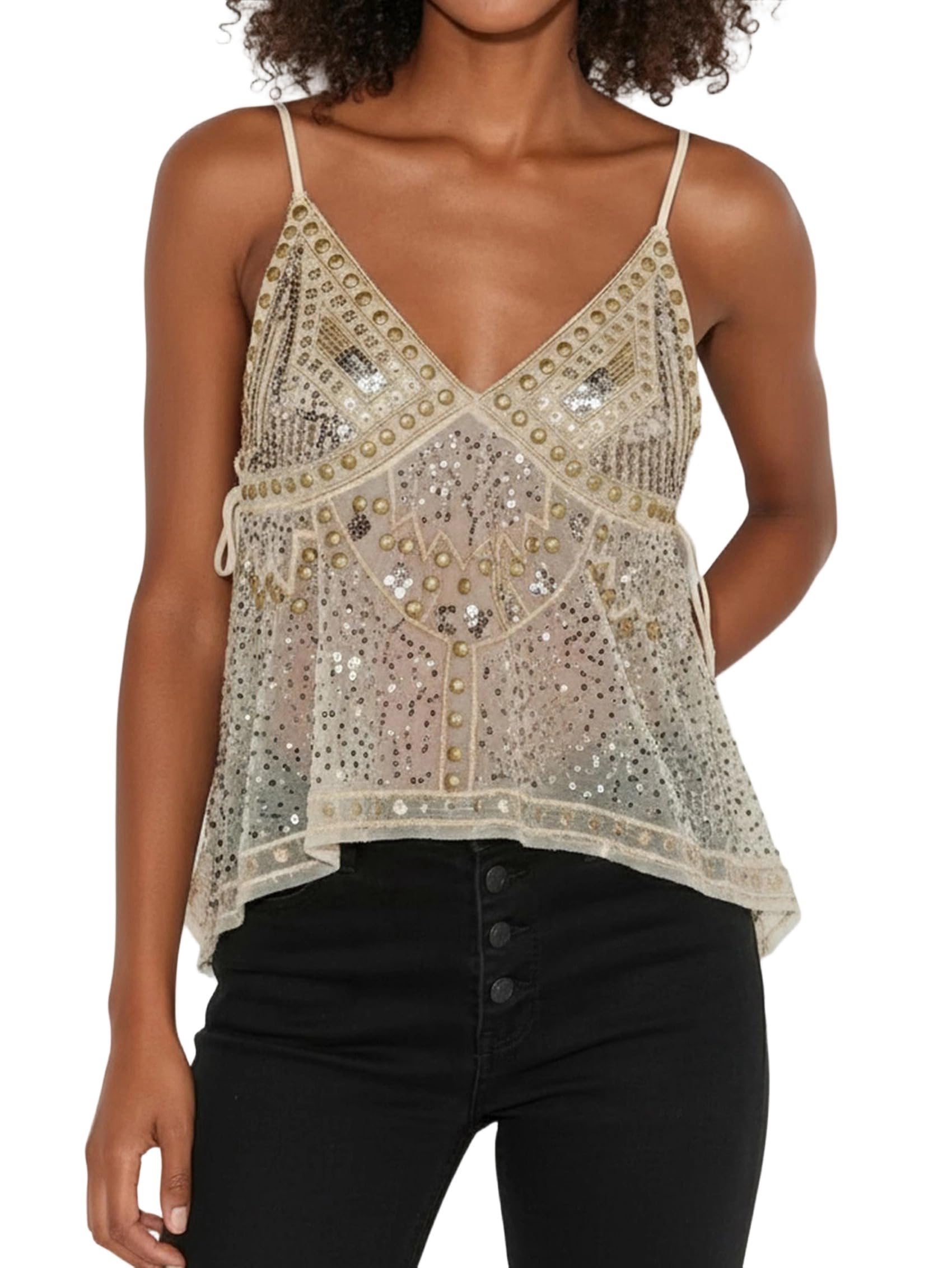 Oewwthy Women Sequin Top Rhinestone Sparkle Sleeveless V Neck Camisole Open Back Summer Party Clubwear S