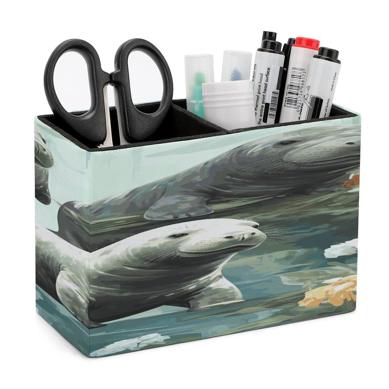 LDGSUPH Rabbits Manatees Leather Pen Holder for Desk Organizer Caddy Large Pencil Cup Multi-function Pencil Holder Makeup Brush Holders Pen Organizer for Home Office Storage Box