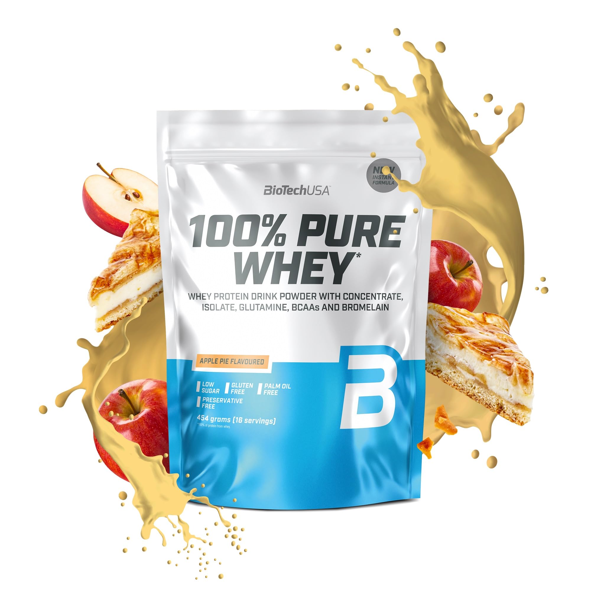 BioTechUSA 100% Pure Whey | Protein Powder with BCAA and Glutamine | Gluten-Free, Palm Oil Free | 21g Protein per Serving, 454 g, Apple Pie