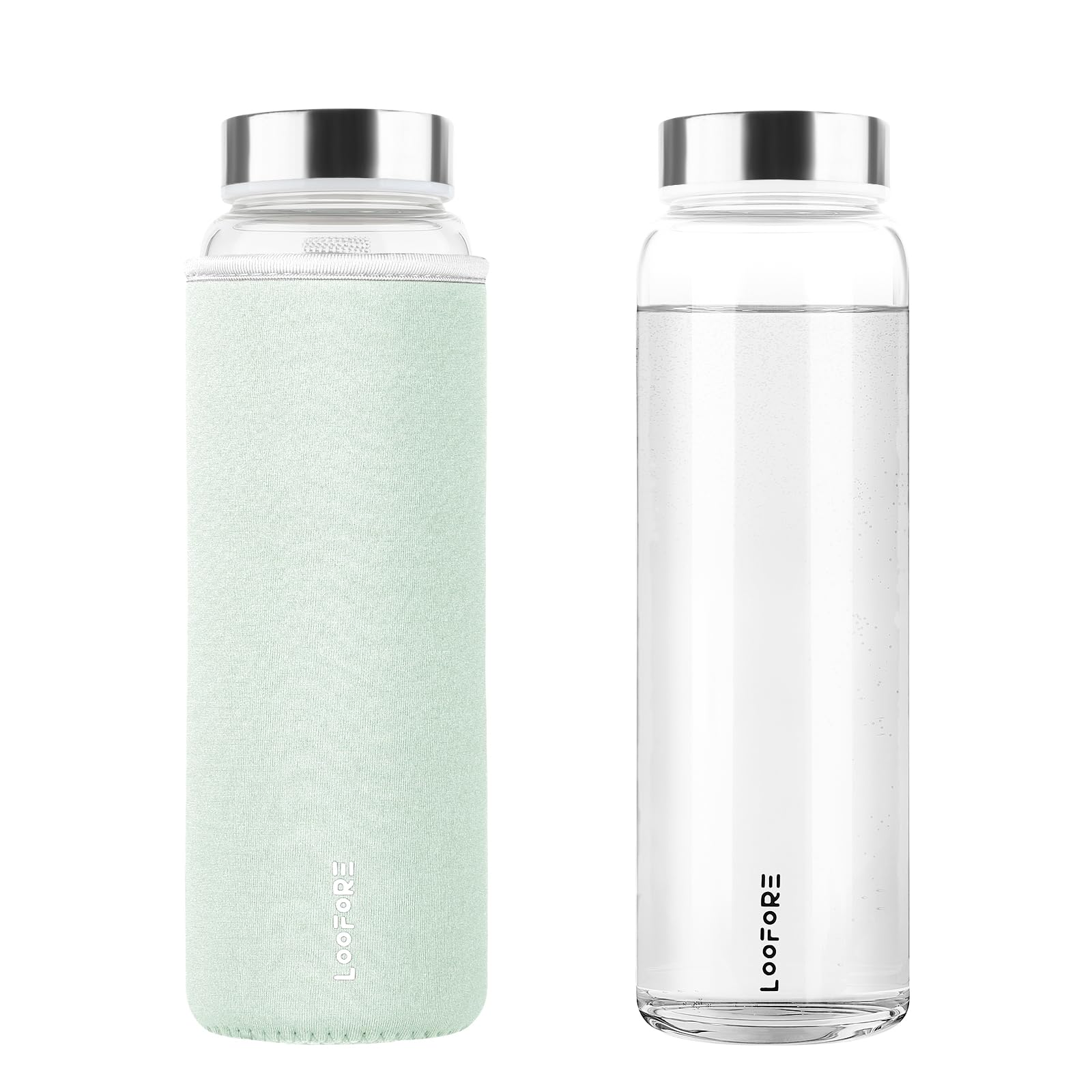 LOOFORE Glass Water Bottle 1L 1000ml, BPA-Free Leak Proof, 1 Litre Large Borosilicate Wide Mouth Glass Drinking Bottles with Protective Sleeves for Sports and Gym with Hot Cold Drinks, 1 Pack