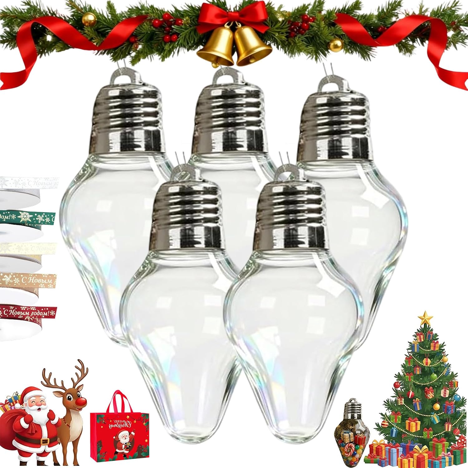 2026 New Christmas Bulb Gift Jar, Fillable Jumbo Christmas Light Bulb with Lid & Lanyard, Reusable DIY Personalized Shape Tree Decorations Clear Plastic, for Crafts & Party Favors (5pcs)