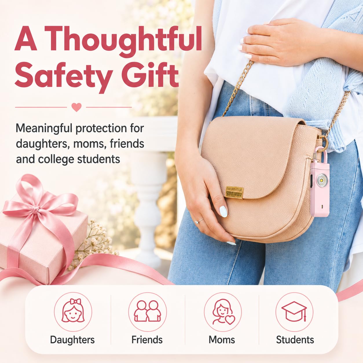 Alarmes personnelles rechargeables pour femme – Cadeaux de Noël et d'anniversaire pour femme, adolescente, fille, porte-clés de sécurité, sirène d'alarme, essentiels de voyage (rose)