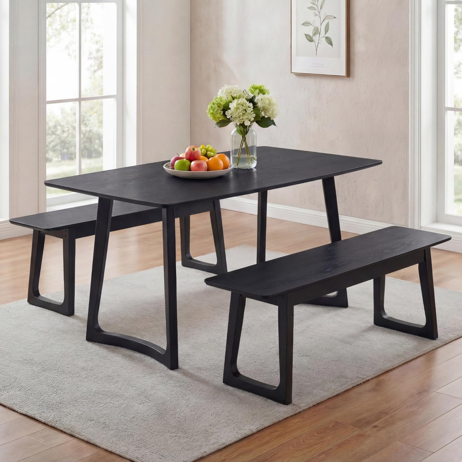 HNY 63" Rectangular Wooden Dining Table with 2 Benches, Farmhouse Dining Table Set for 4-6 People, Kitchen Table with Bench, Kitchen Table Set for Dining Room/Restaurant, Black