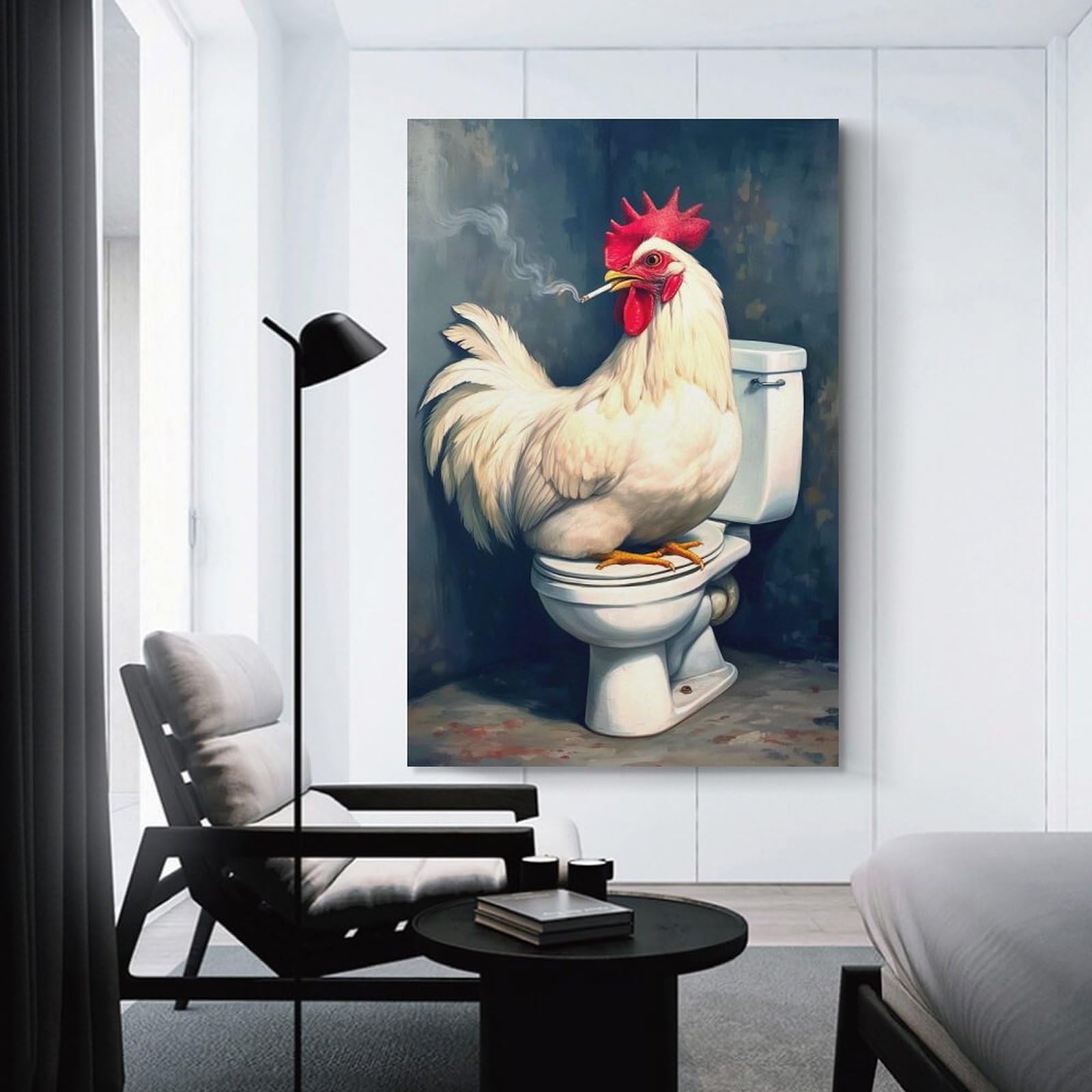Junmoney Smoking Chicken on Toilet Home Decor Wall Art, 20x30inch(50x75cm), for Calm Bedrooms, Home Corners Or Flats, Canvas Wall Decor for Personal Spaces
