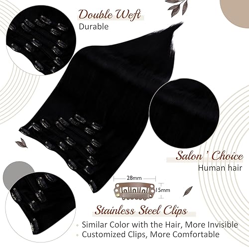 Miniatura 7 de Full Shine - Extensiones de clip de cabello humano, extensiones doble capa de cabello brasileño lacio - Color1, negro azabache, 7piezas, 4.2onzas