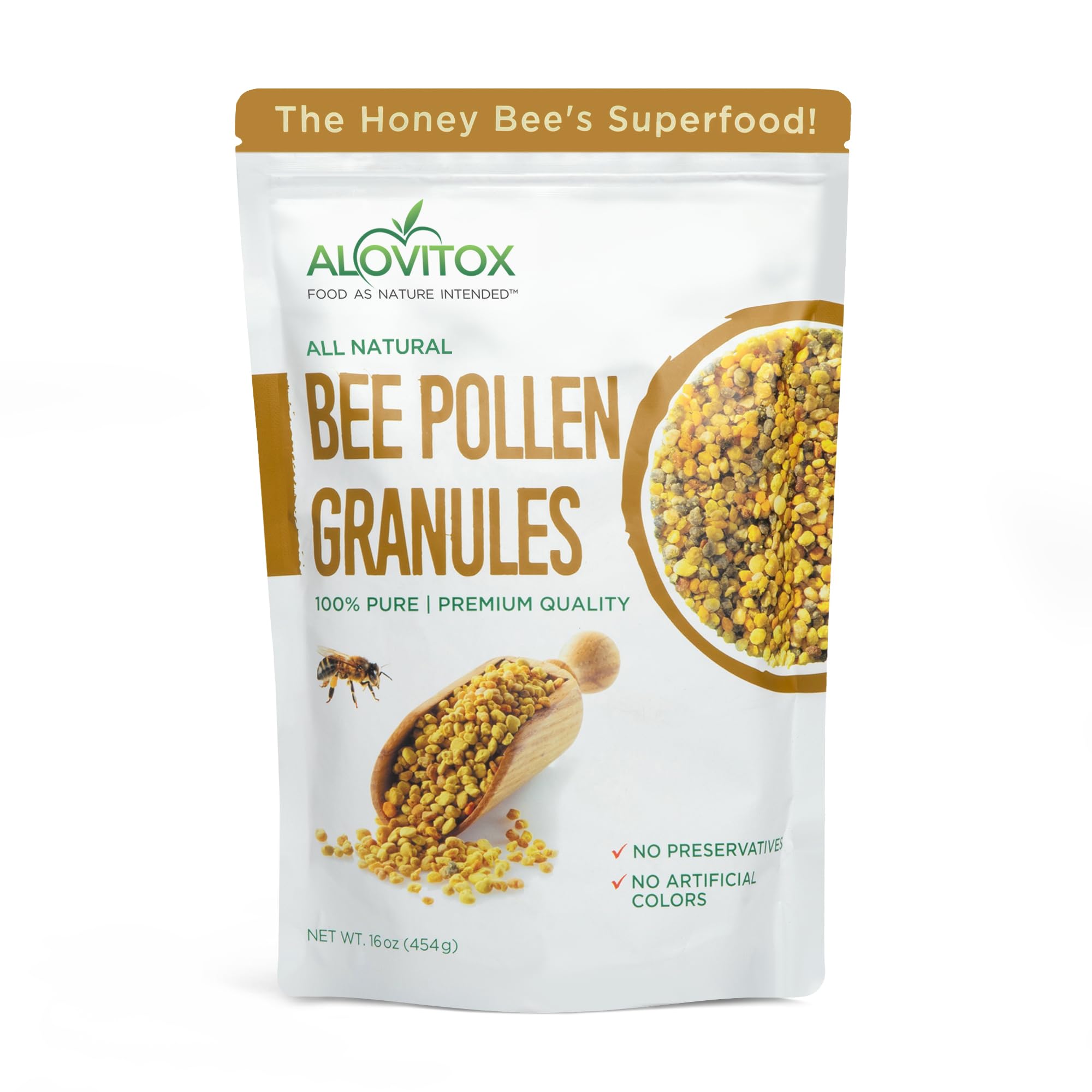 ALOVITOX Bee Pollen Granules | 100% Pure, Natural Raw Bee Pollen - Antioxidants, Proteins, Vitamins B6, B12, C and A, Amino Acids and More | 16 oz Bag (1 Pound)