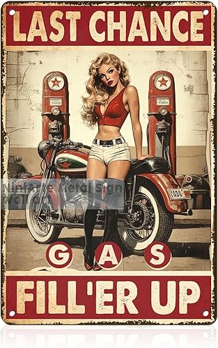 Pin Up Girl Motorcycle Metal Tin Sign Gas Fill'er Up Retro Motorcycle Lady Gas Station Wall Art Decor for Home Garage Office Bar Cafe Wall Decor