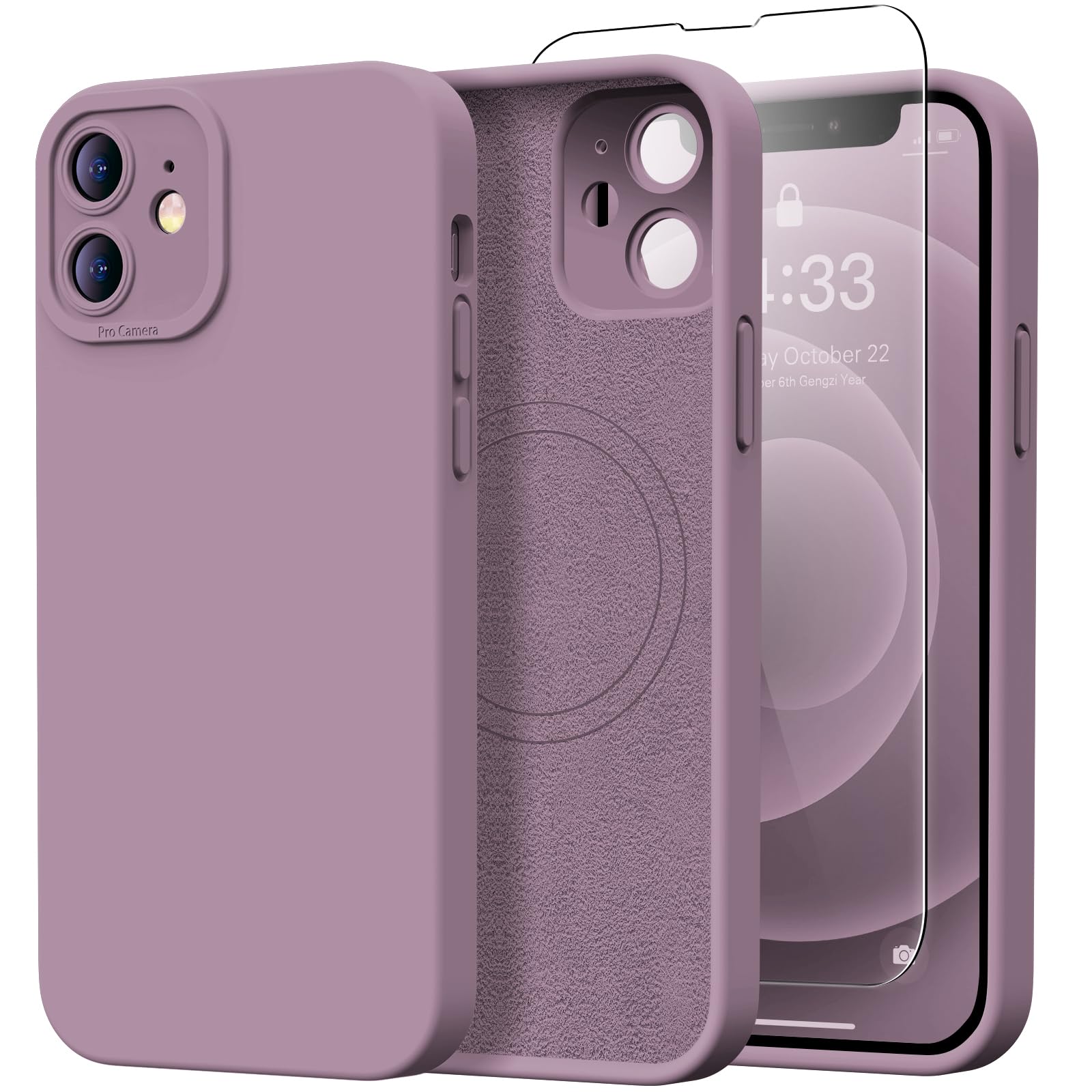 Kiresen Designed for iPhone 12 Case with Screen Protector - Upgraded Camera Protection - Wireless Charging Compatible - Silicone Protective Phone Case 6.1" for Men Women Girls - Light Purple
