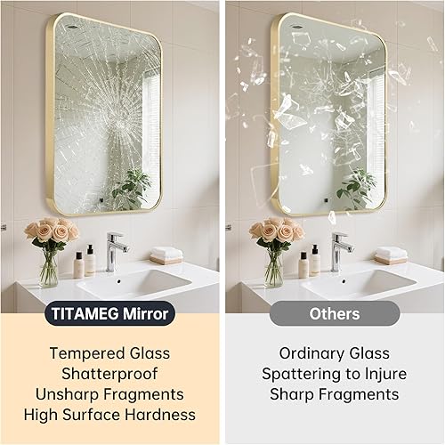 Miniatura 5 de TITAMEG Espejo redondo dorado, espejo de pared circular de 24 pulgadas con marco de metal cepillado para tocador, perfecto como espejo de baño,