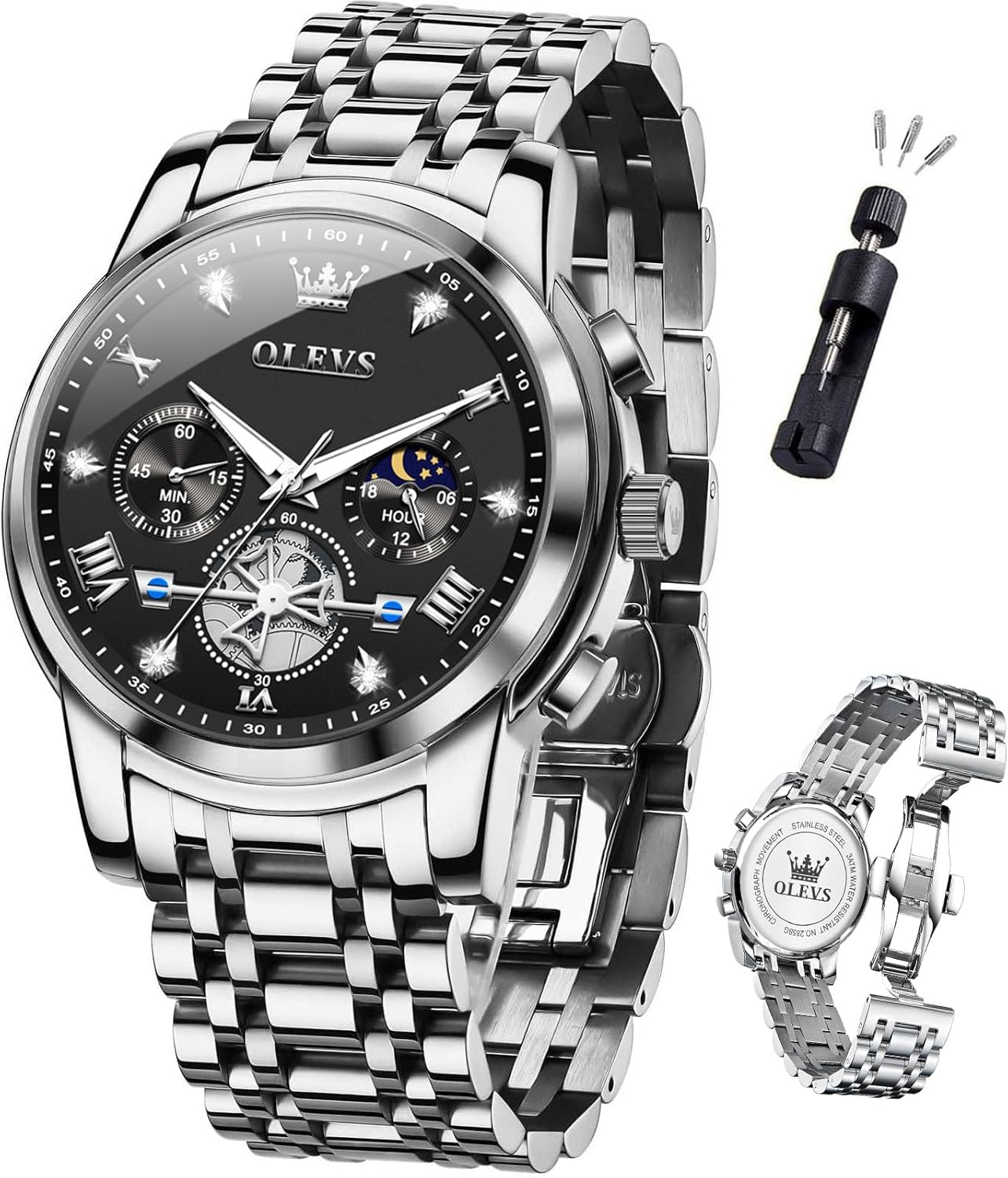 OLEVS Mens Watches Chronograph Watch Luxury Dress Stainless Steel Waterproof Watches for Men Moon Phase Luminous Business Calendar Wrist Watch Blue/Black/Green/Gold/Face