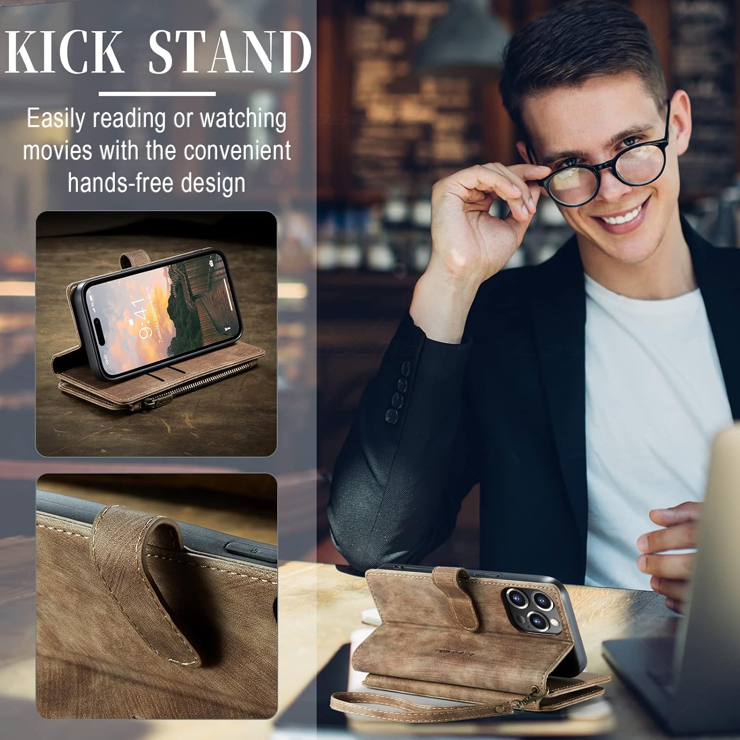 iPhone 14 Pro 5G Wallet Case with Card Holder Kickstand Magnetic Zipper Pocket Lanyard Strap Wristlet, Leather Flip Case Wallet for iPhone 14 Pro 5G 6.1 Inch(Brown)